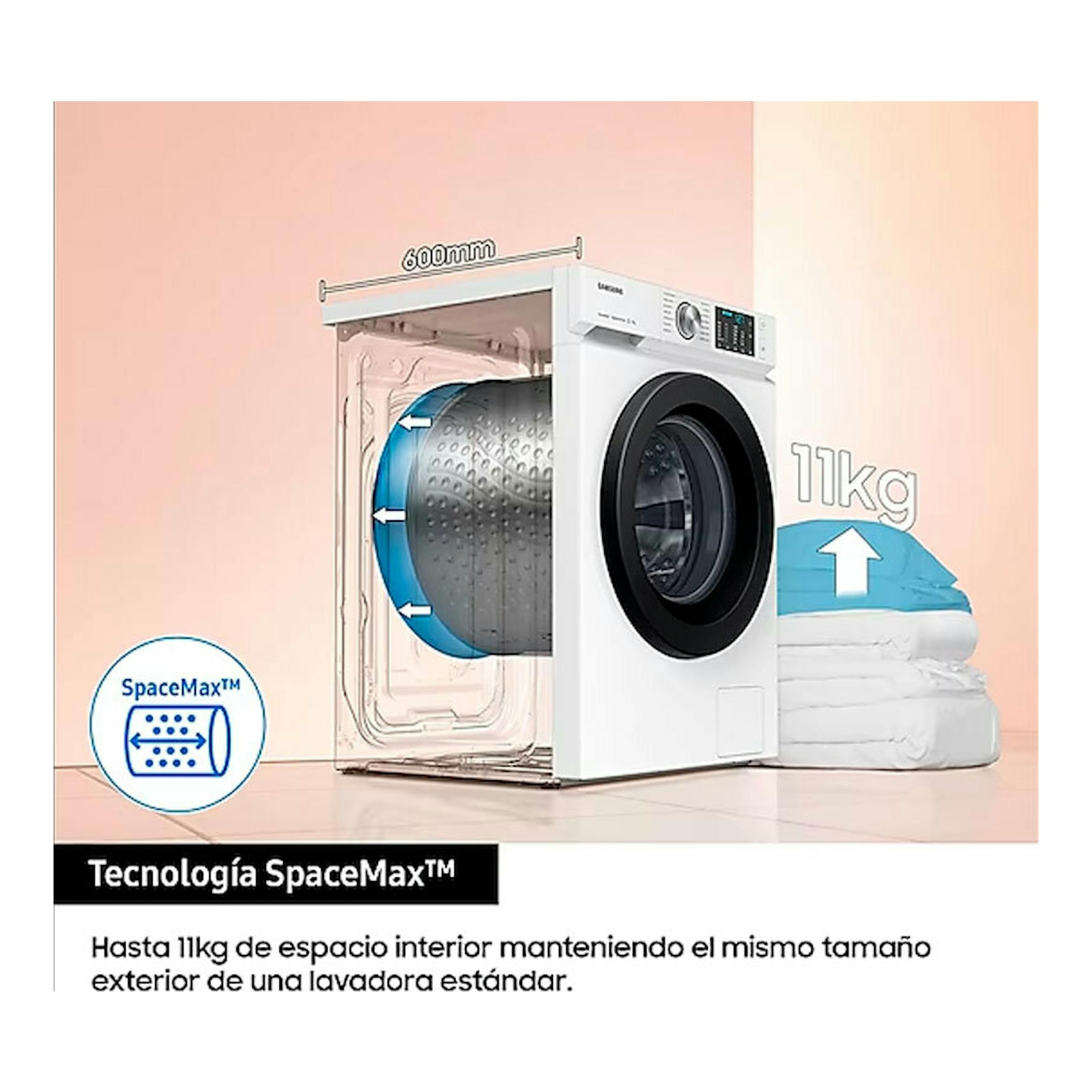 Lavadora Samsung WW11BBA046TWEC blanca, vista frontal en ángulo, con tambor visible y texto SpaceMax 11 kg.