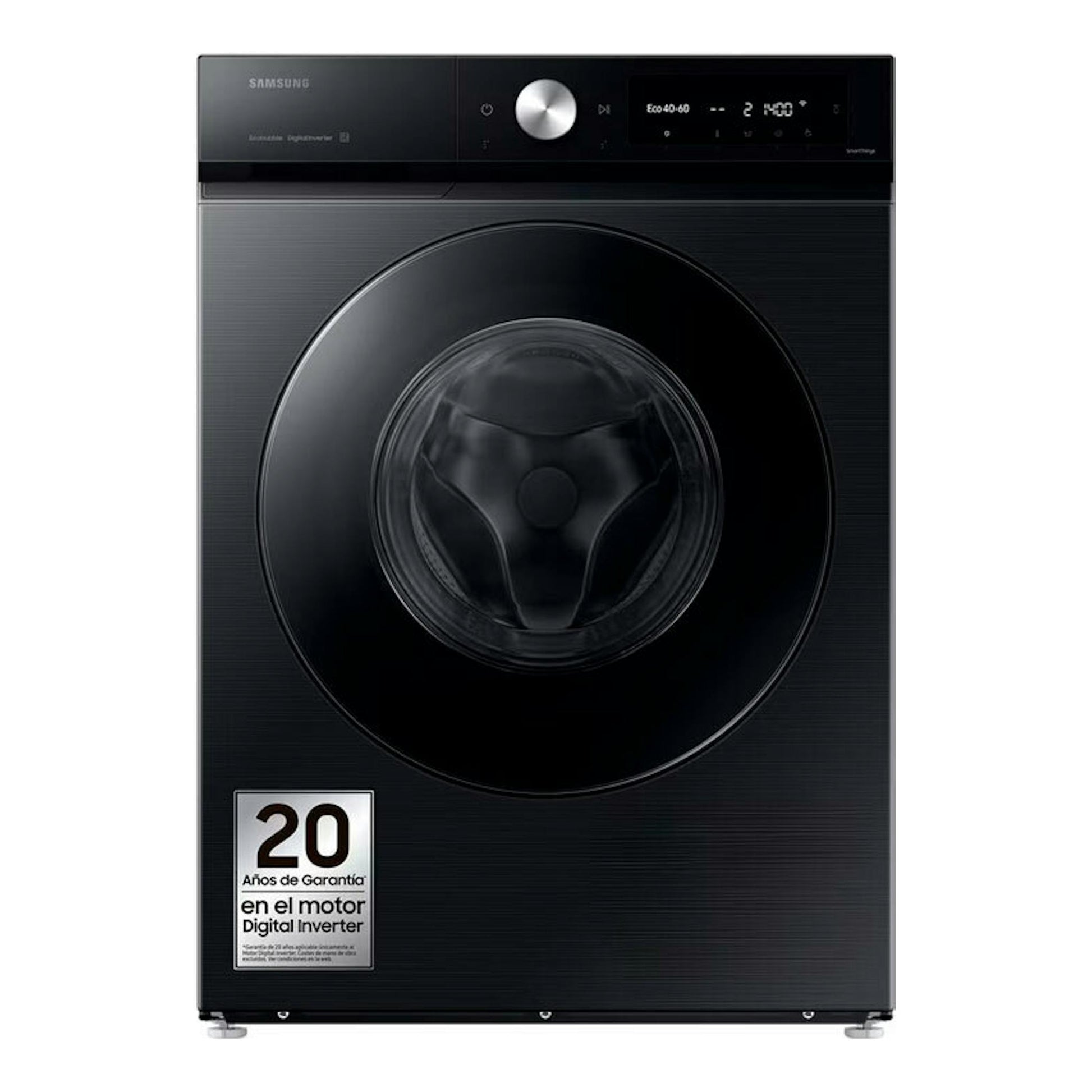Lavadora Samsung WW11DB7B94GBU3 negra, vista frontal, con puerta circular y panel digital superior.