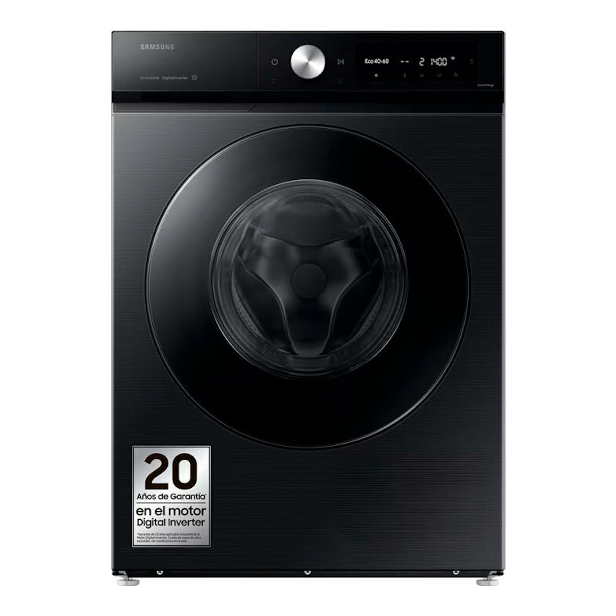 Lavadora Samsung WW11DB7B94GBU3 negra, vista frontal, con puerta circular y panel digital superior.