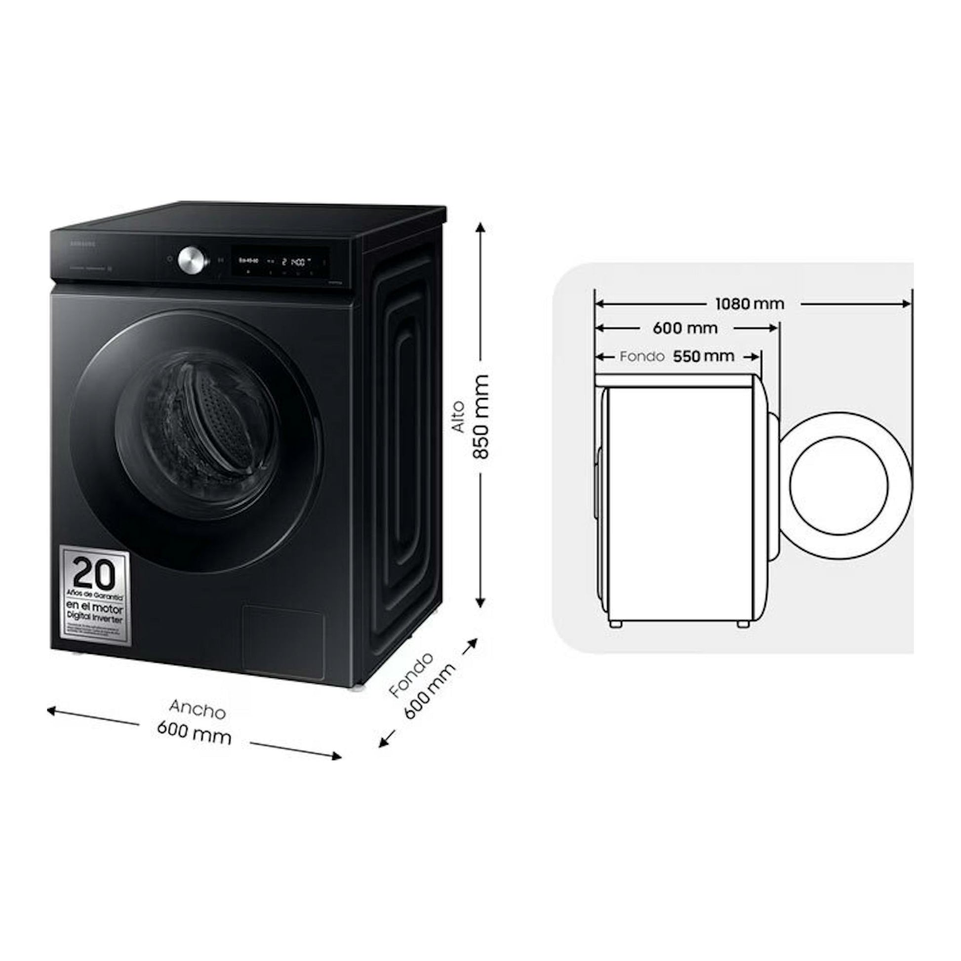 Lavadora Samsung WW11DB7B94GBU3 negra, vista frontal en ángulo, con medidas 850 x 600 x 600 mm.