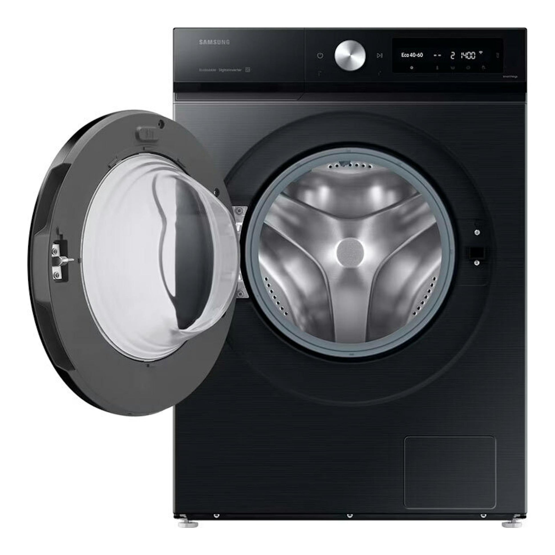 Lavadora Samsung WW11DB7B94GBU3 negra, vista frontal, con puerta de carga frontal abierta.