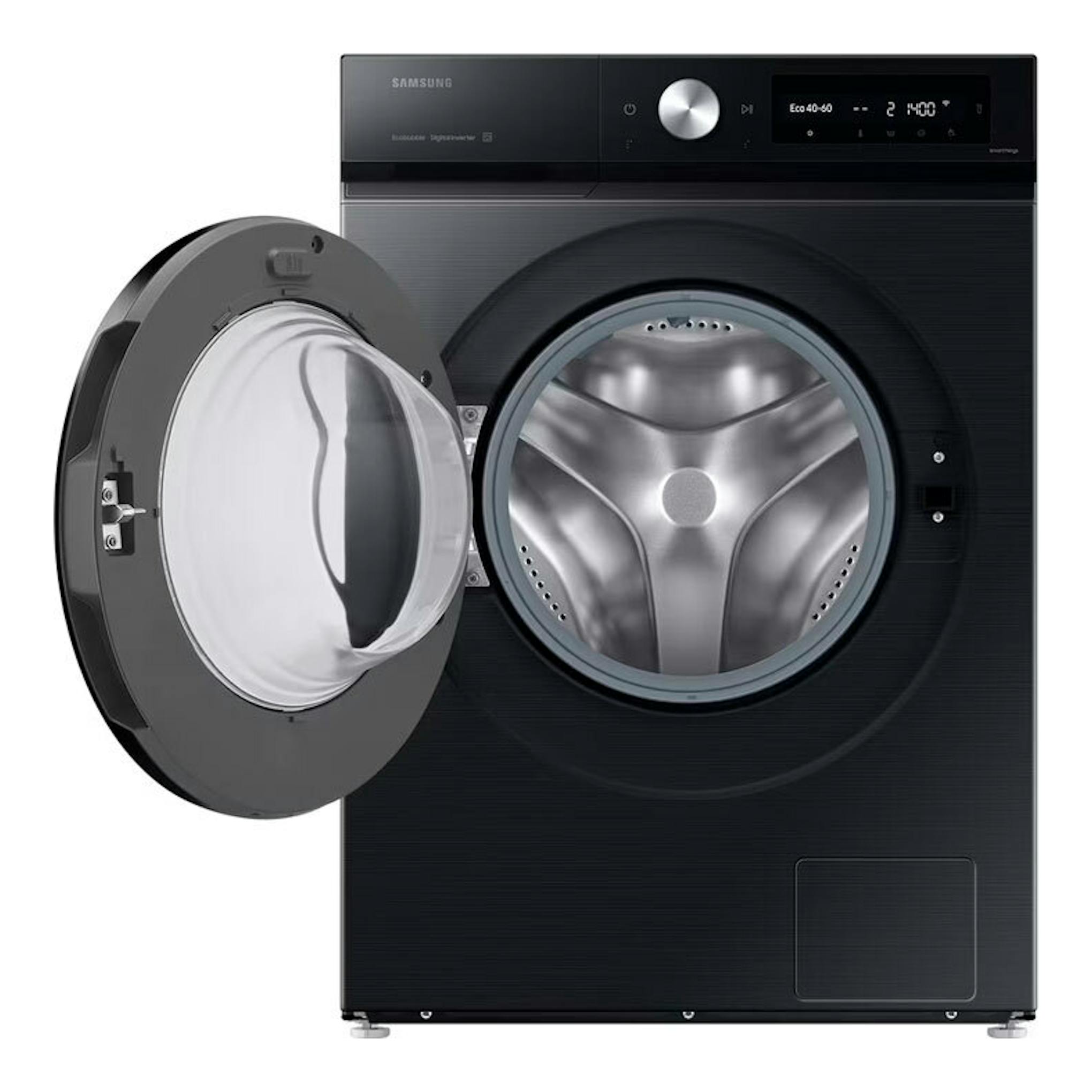 Lavadora Samsung WW11DB7B94GBU3 negra, vista frontal, con puerta de carga frontal abierta.