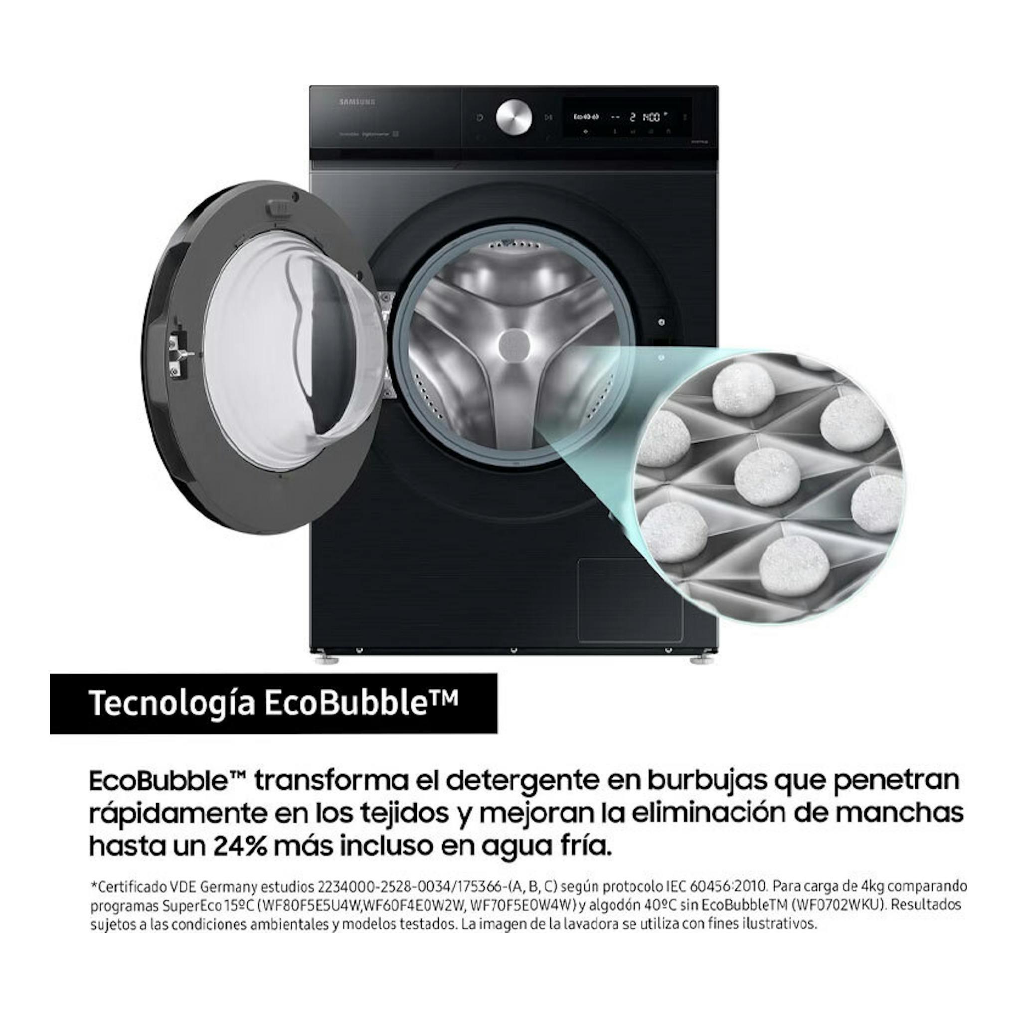 Lavadora Samsung WW11DB7B94GBU3 negra, vista frontal, con puerta abierta y detalle del tambor EcoBubble.