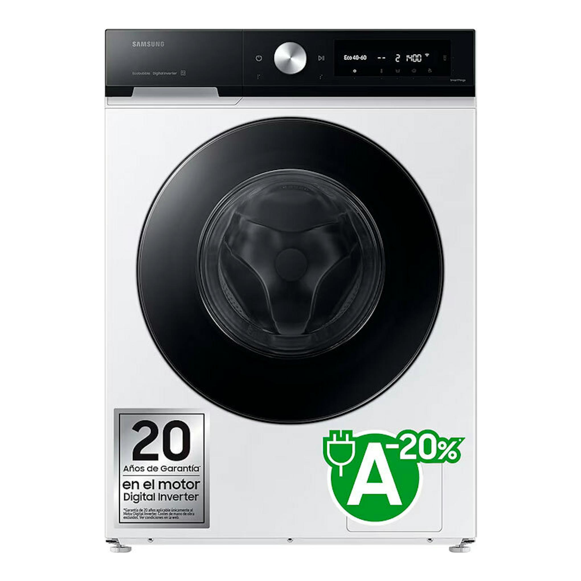 Lavadora frontal Samsung WW11DB7B94GEU3 blanca y negra, vista frontal, con panel digital y puerta redonda.