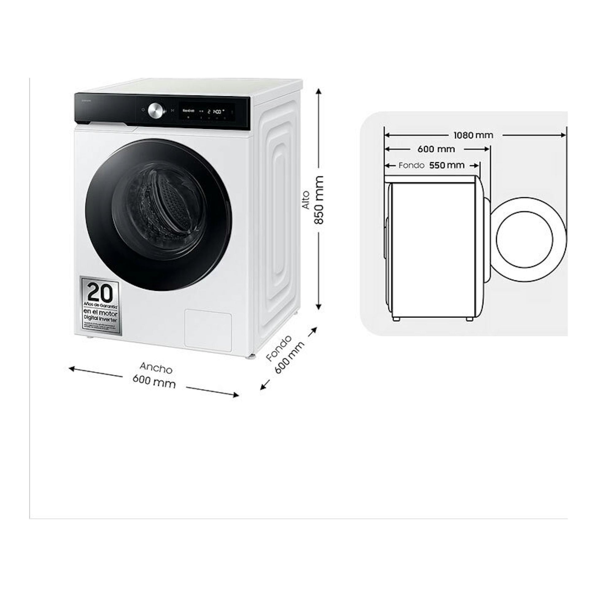 Lavadora Samsung WW11DB7B94GEU3 blanca, vista frontal con puerta negra y esquema lateral de medidas.