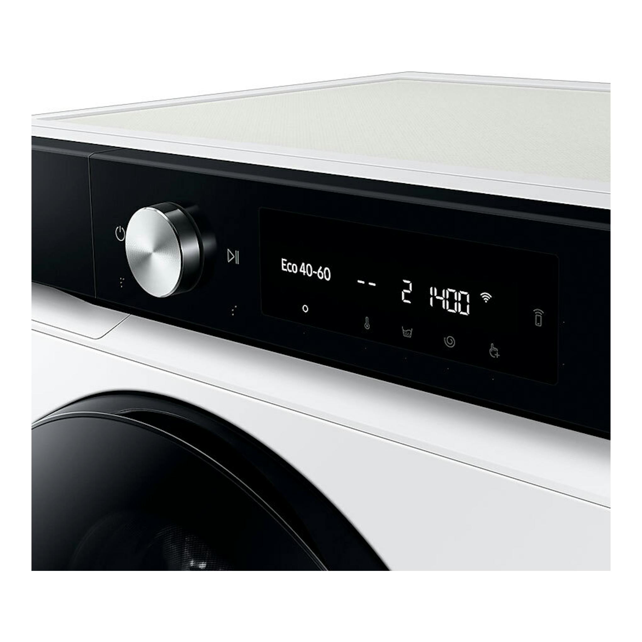 Lavadora Samsung WW11DB7B94GEU3, vista frontal parcial, panel negro con selector metálico y pantalla digital.