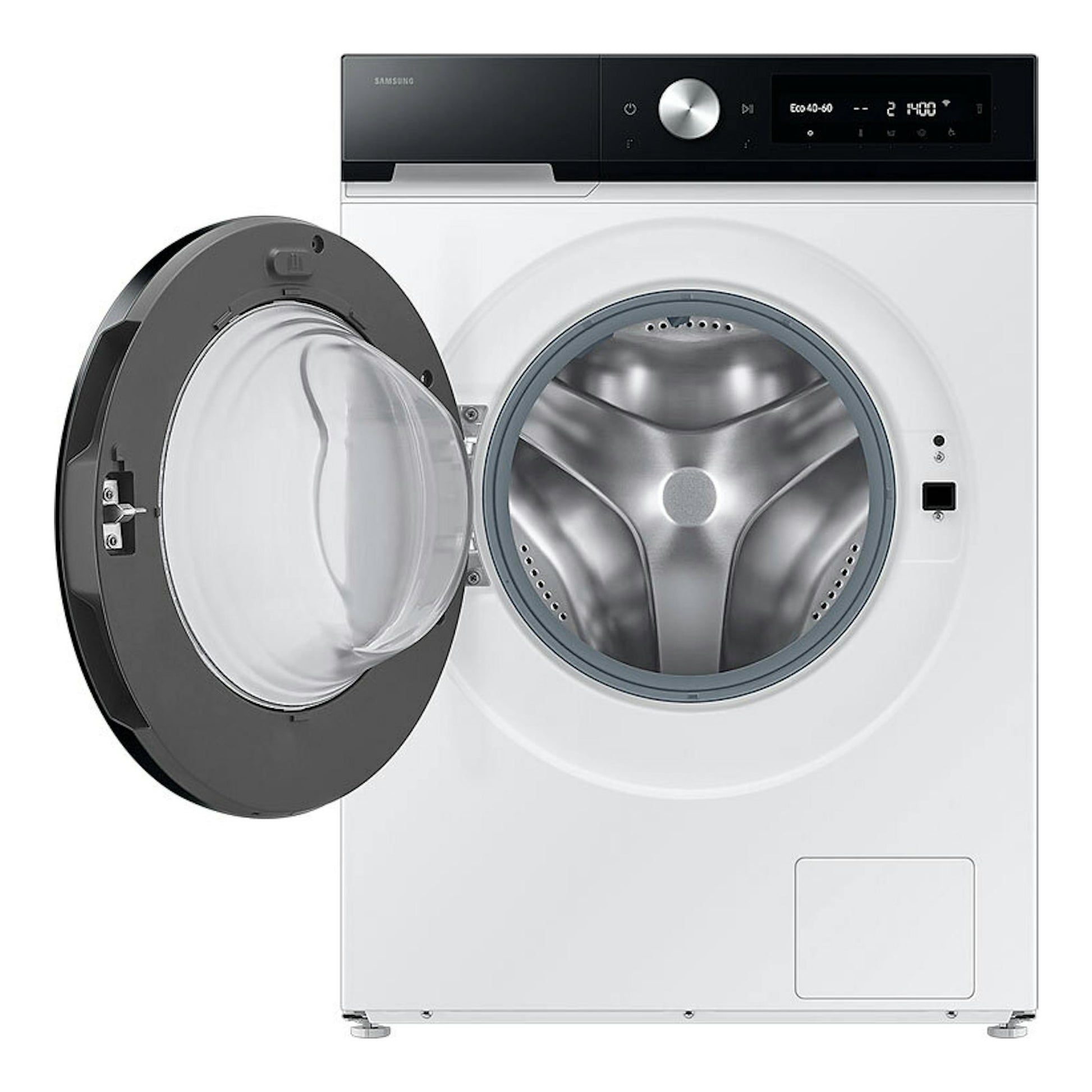 Lavadora Samsung WW11DB7B94GEU3 blanca, vista frontal, con puerta abierta y panel negro superior.