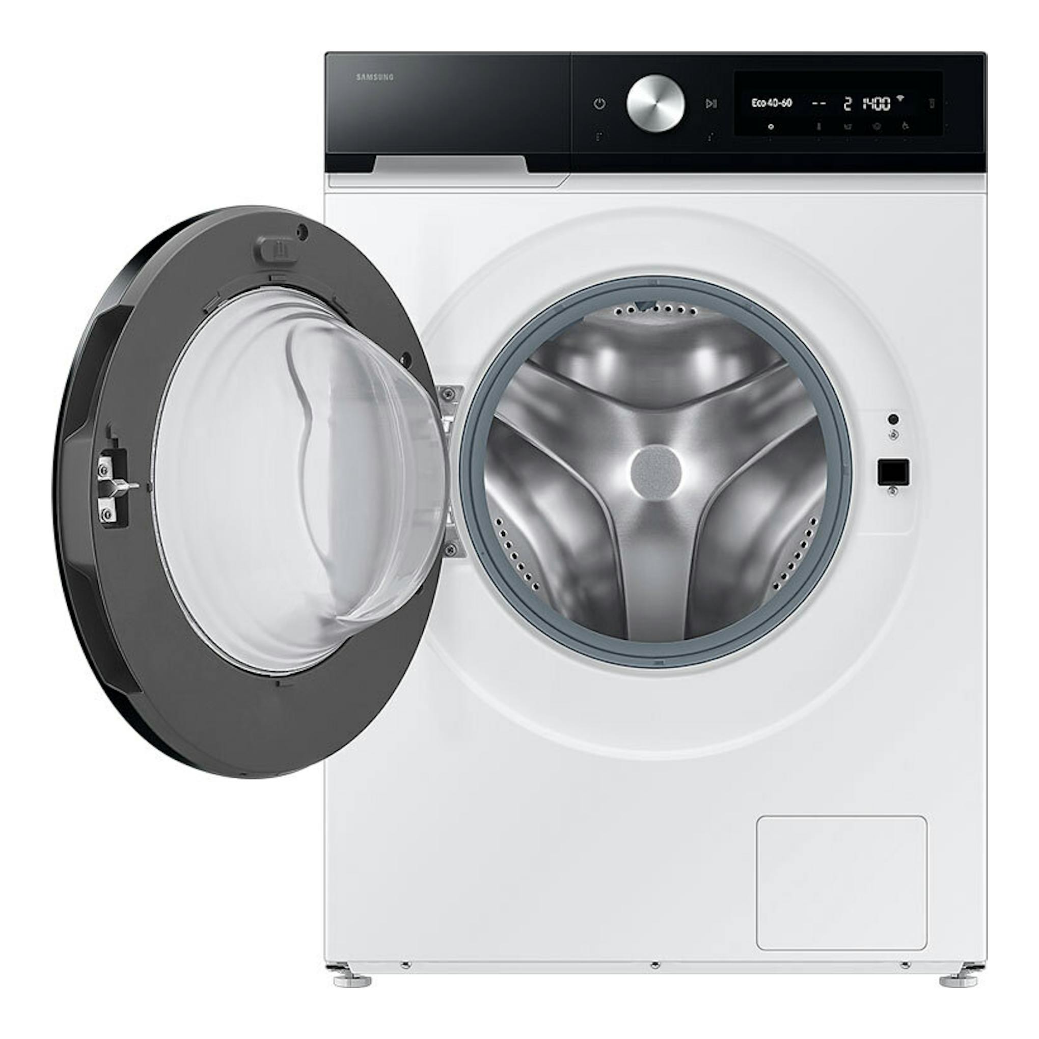 Lavadora Samsung WW11DB7B94GEU3 blanca, vista frontal, con puerta abierta y panel negro superior.