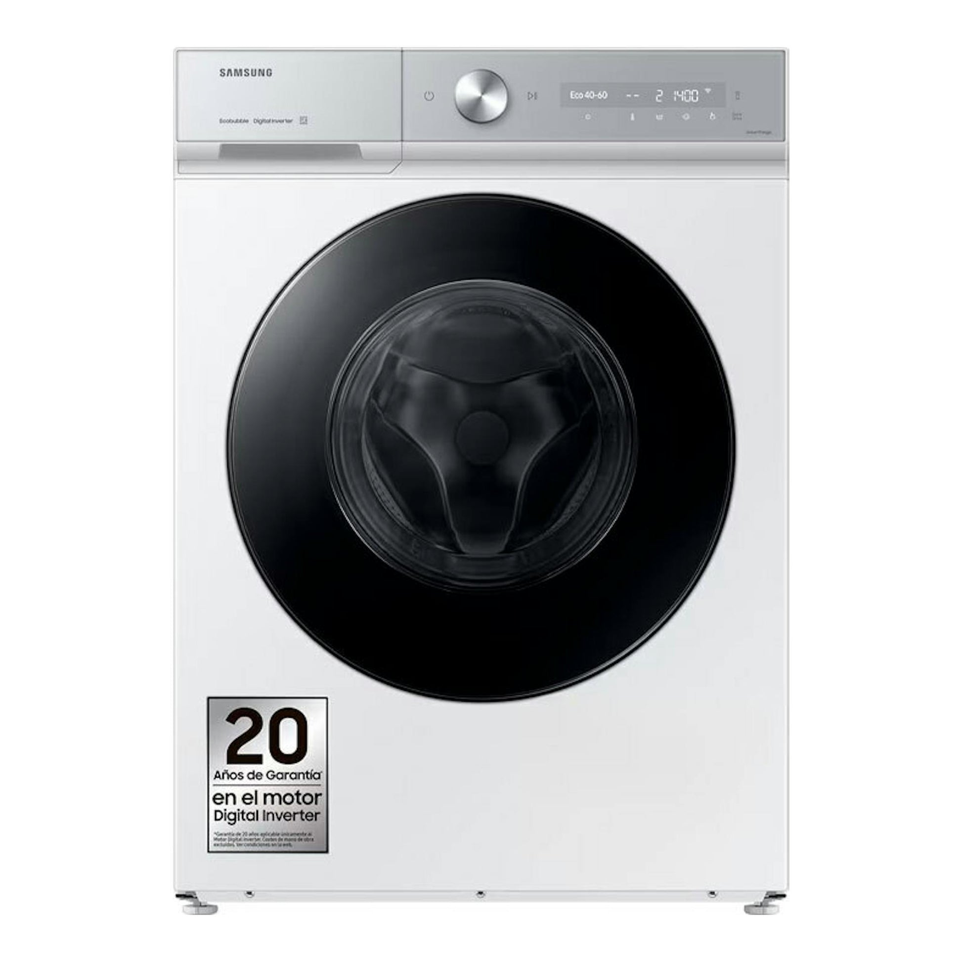 Lavadora frontal Samsung WW11DB8B95GHU3 de 11 kg, blanca, con puerta negra circular, vista frontal.