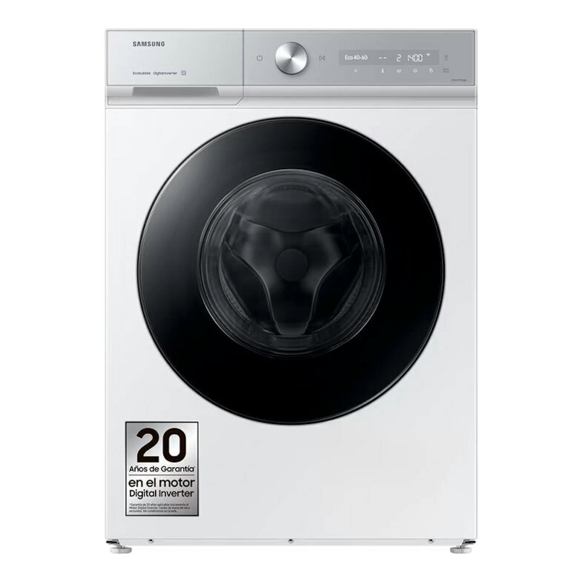Lavadora frontal Samsung WW11DB8B95GHU3 de 11 kg, blanca, con puerta negra circular, vista frontal.