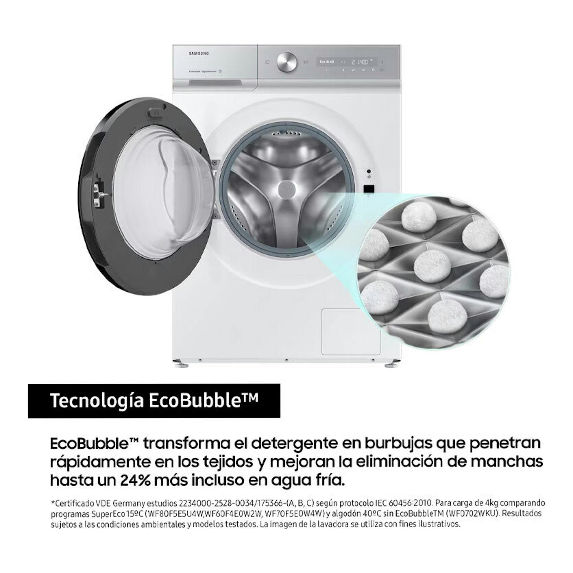 Lavadora Samsung WW11DB8B95GHU3 blanca, vista frontal con puerta abierta y tambor EcoBubble.