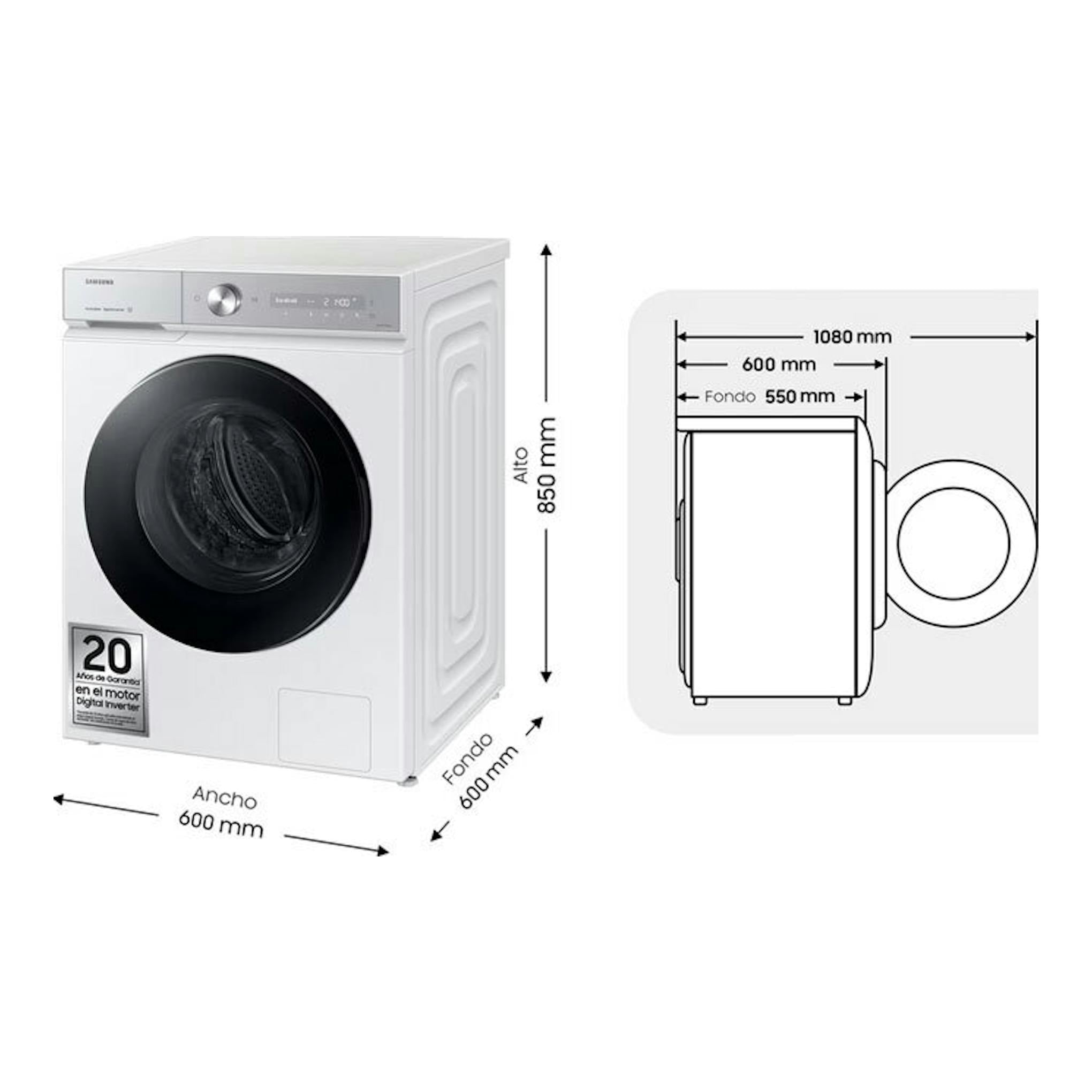 Lavadora frontal Samsung WW11DB8B95GHU3 blanca, vista frontal y lateral con medidas 850 x 600 x 600 mm.