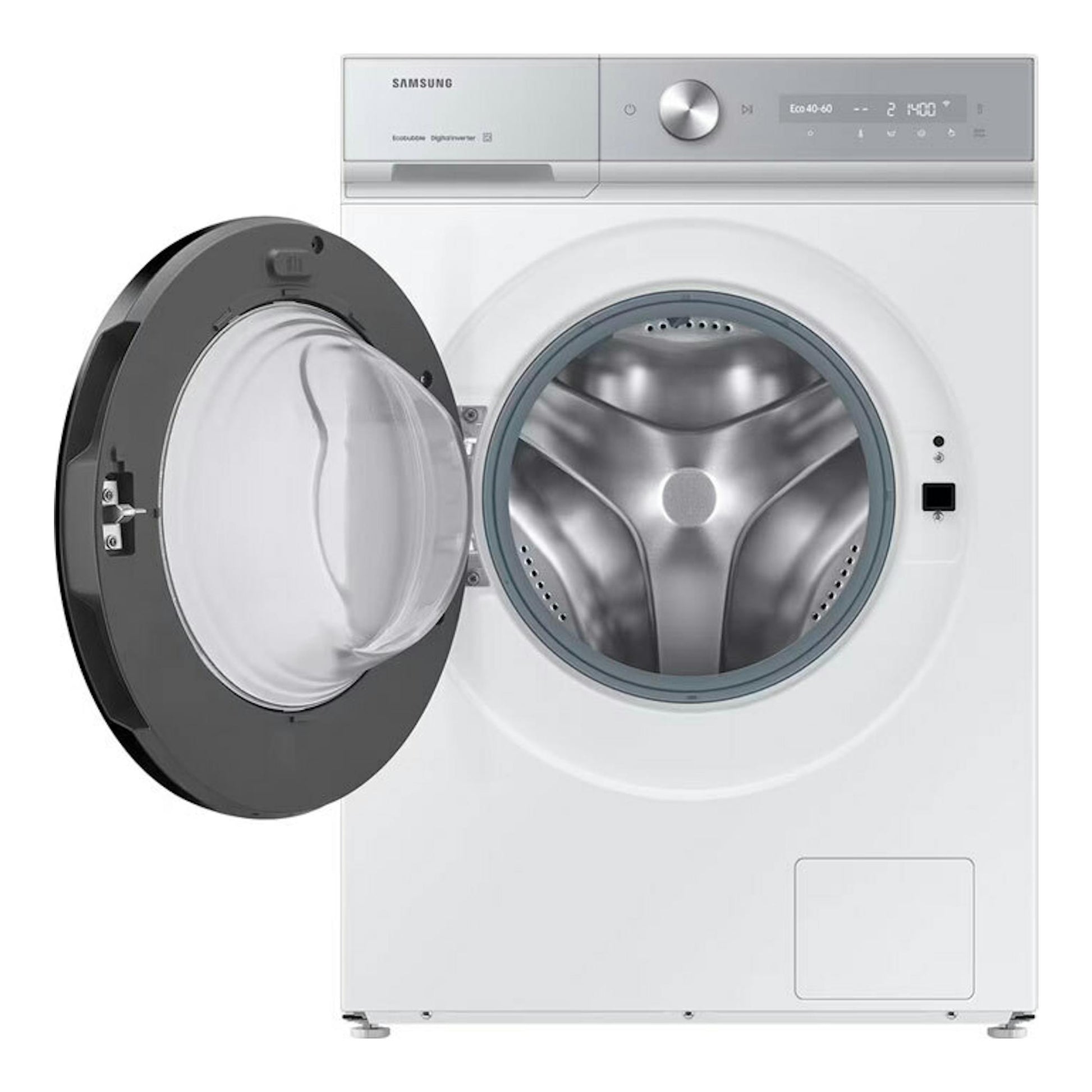 Lavadora Samsung WW11DB8B95GHU3 blanca, frontal, con puerta abierta y tambor de acero inoxidable.