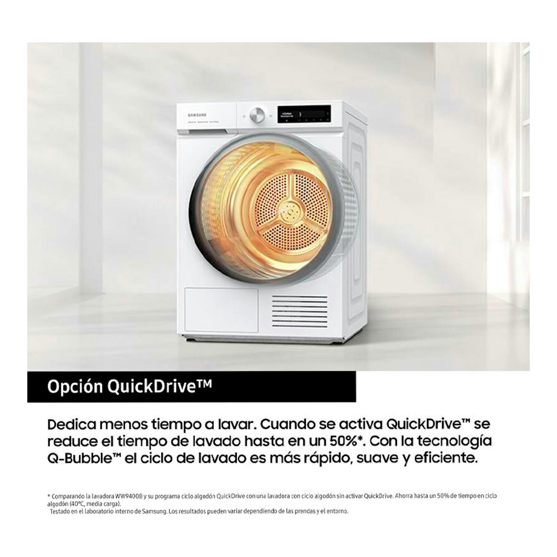 Lavadora frontal Samsung WW11DB8B95GHU3 blanca, vista frontal, con puerta circular y panel digital.