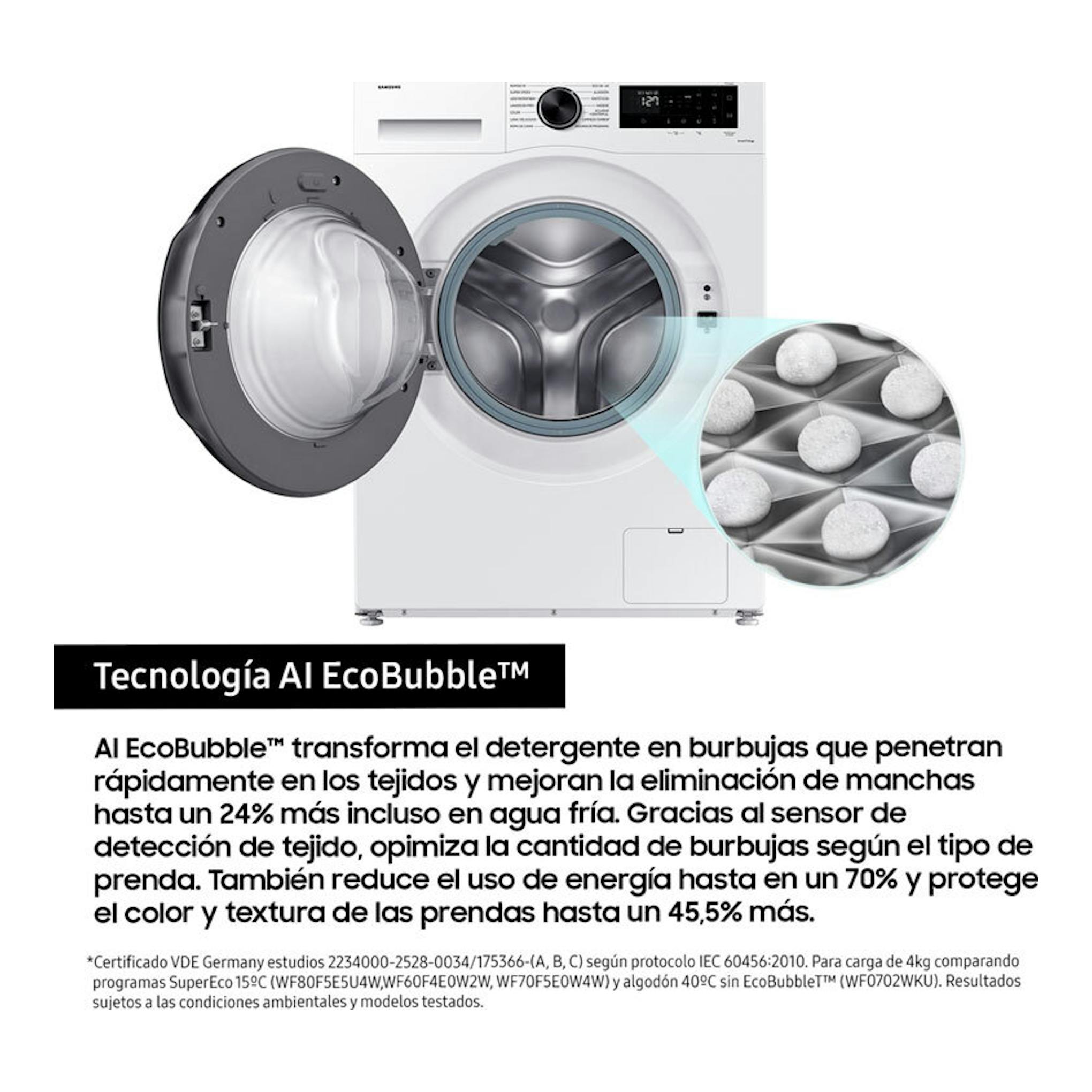 Lavadora Samsung WW11DG5B25AEEC blanca, vista frontal, puerta abierta y detalle del tambor EcoBubble.
