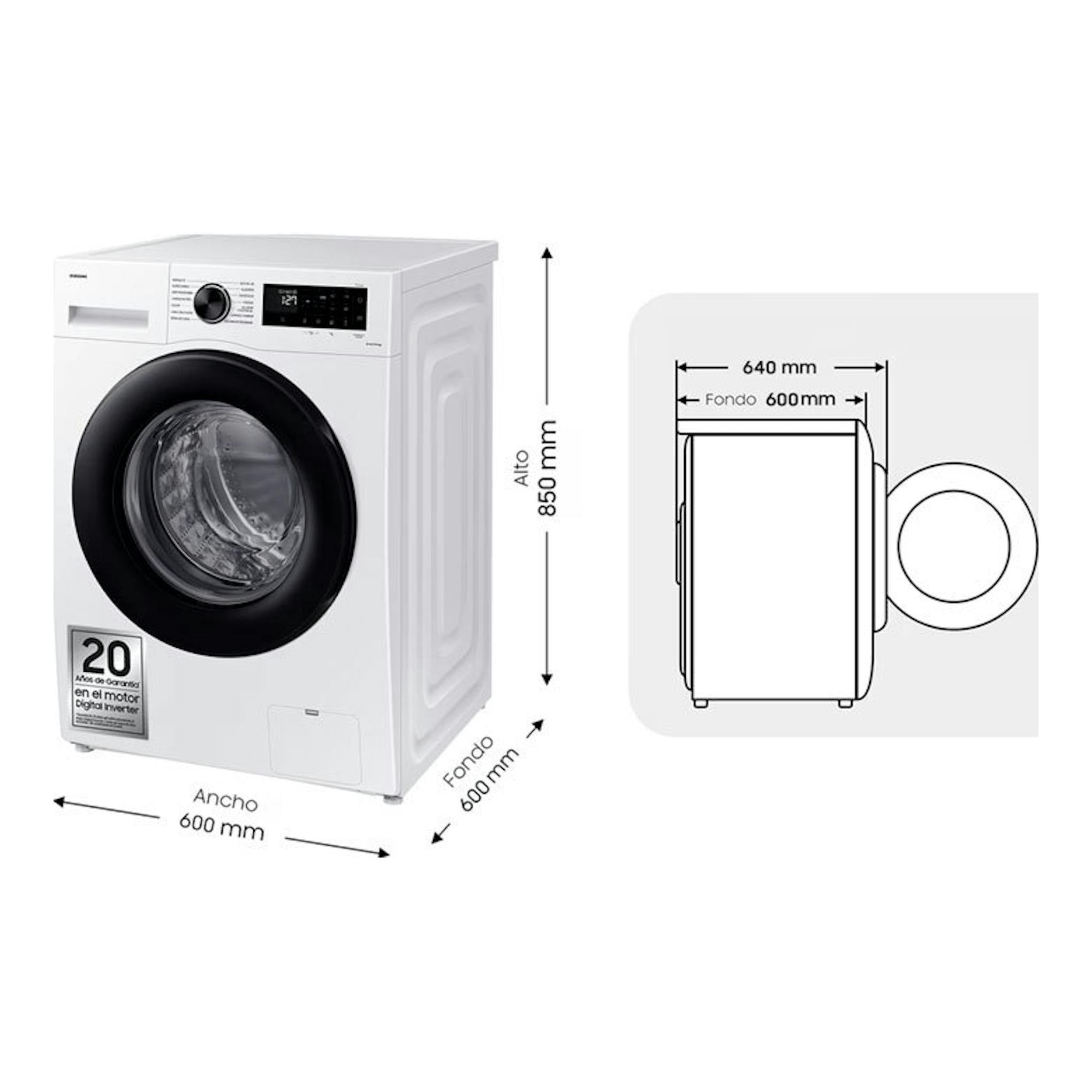 Lavadora Samsung WW11DG5B25AEEC blanca de carga frontal, vista 3/4, con medidas 600x600x850 mm.