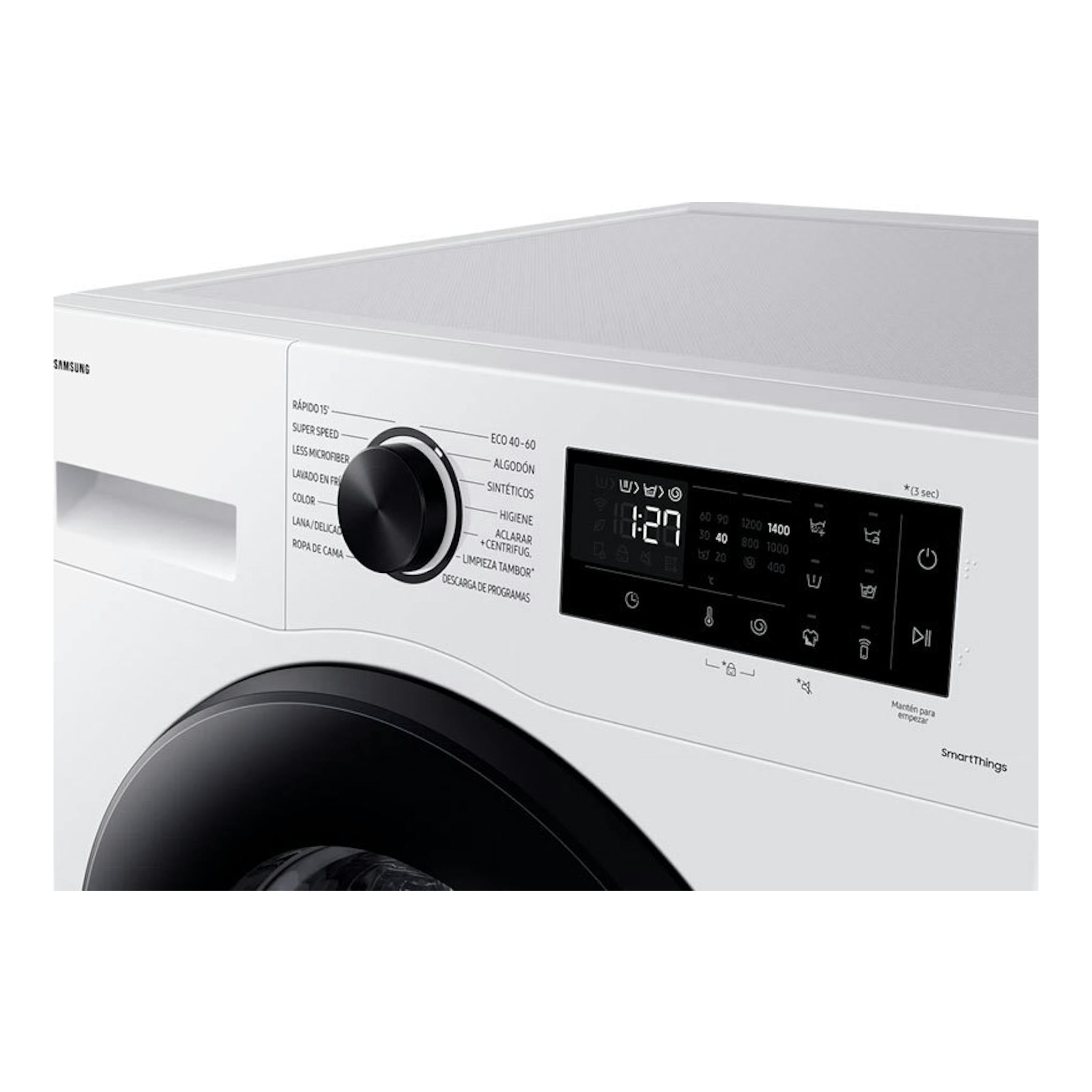 Lavadora Samsung WW11DG5B25AEEC blanca, vista frontal parcial, con puerta negra y panel digital.