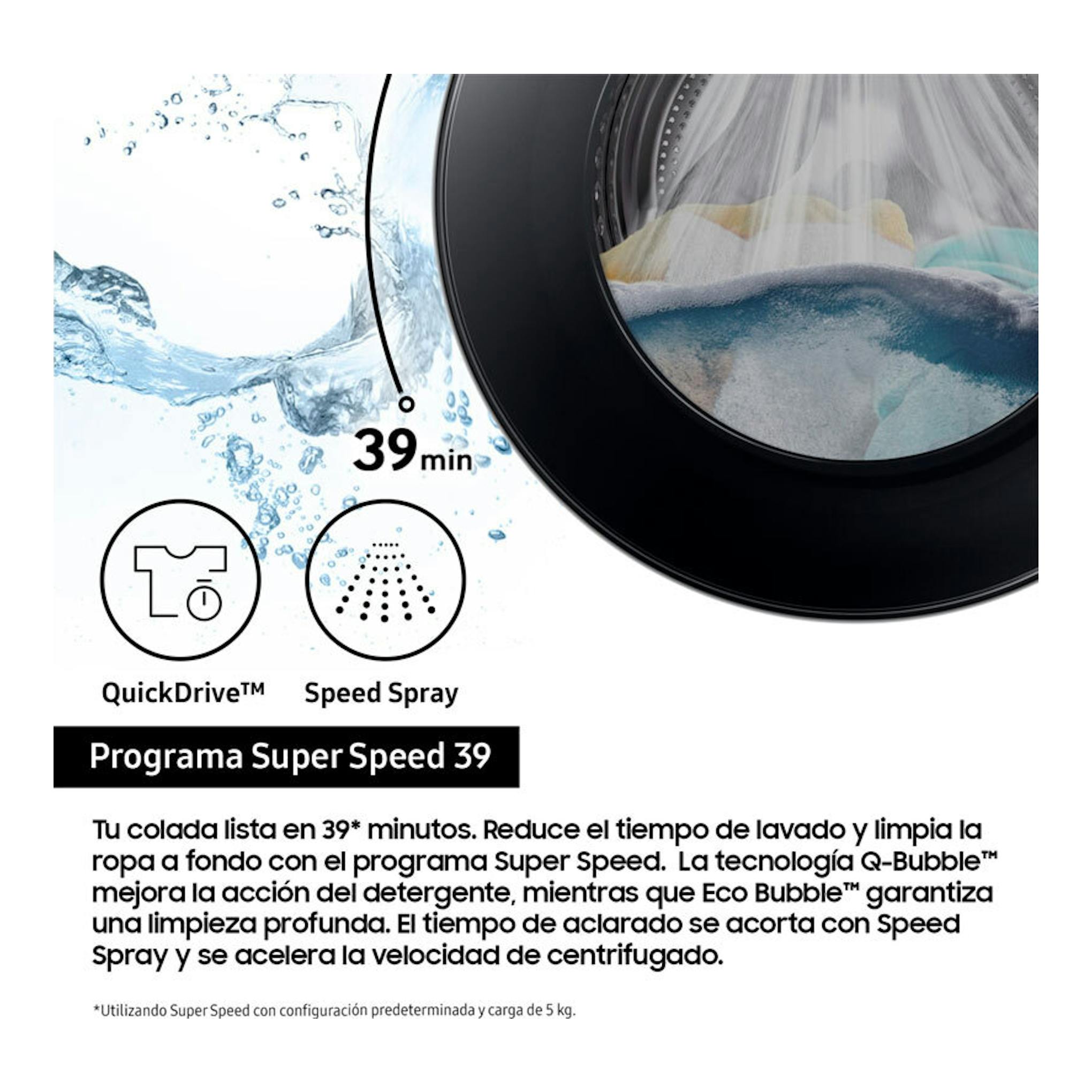 Samsung WW11DG5B25AEEC: primer plano del ojo de una lavadora negra con agua y texto "Super Speed 39".