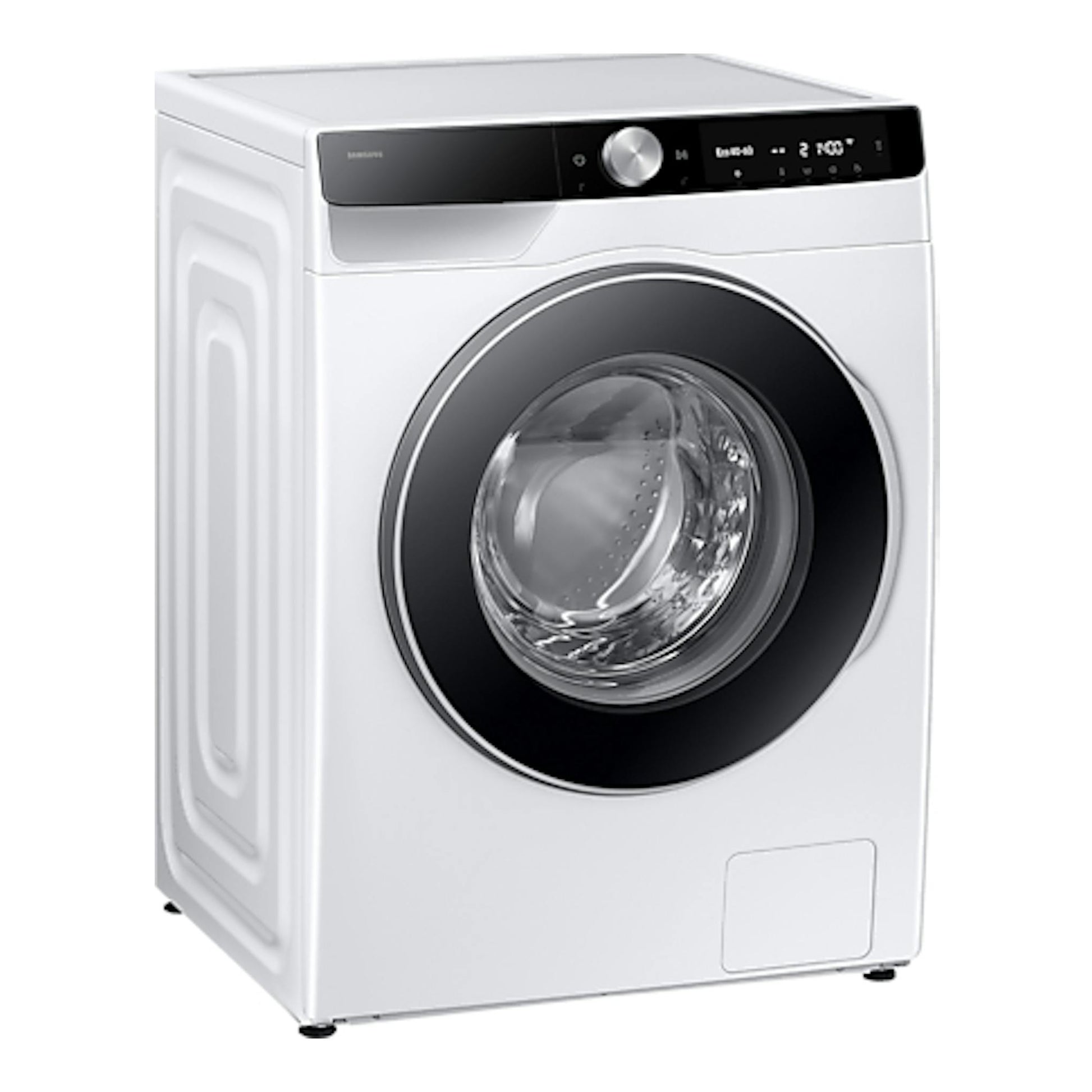 Lavadora Samsung WW11DG6B85LKU3 blanca, vista frontal en tres cuartos, con puerta circular negra.