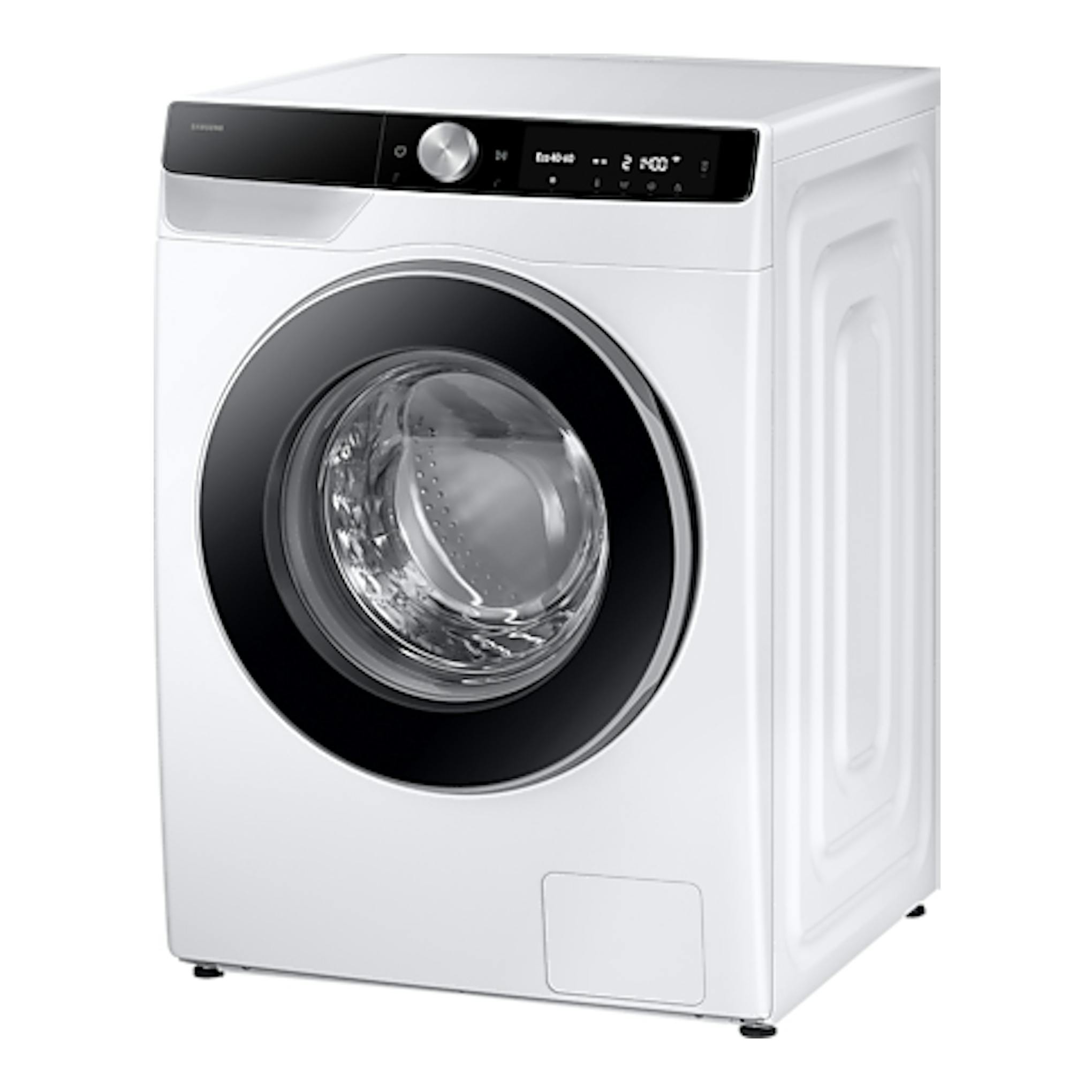 Lavadora Samsung WW11DG6B85LKU3 blanca, vista frontal en ángulo, con puerta de carga frontal y panel negro.