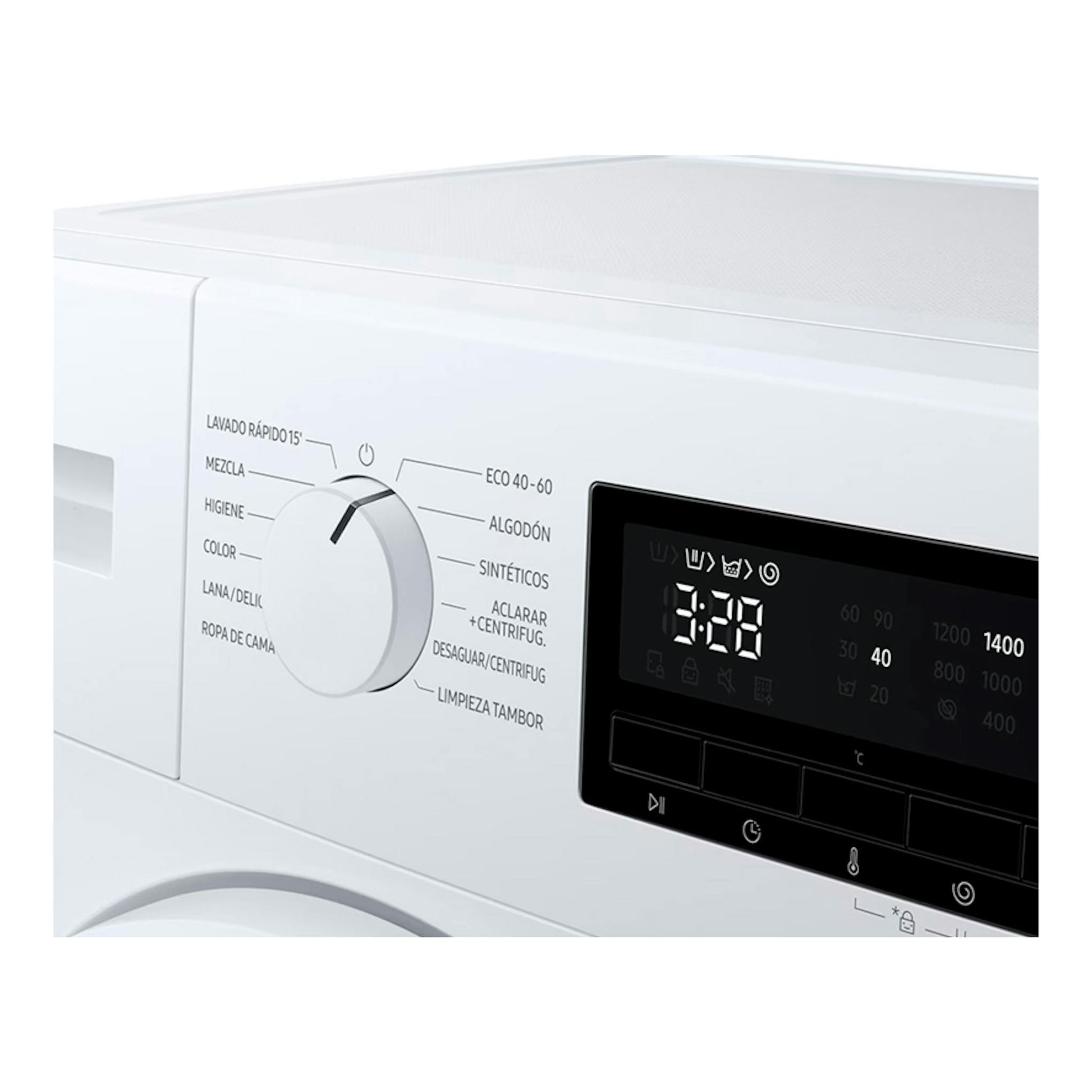 Primer plano frontal de lavadora Samsung WW70FG3M05TWEC blanca, con selector de programas y pantalla digital.