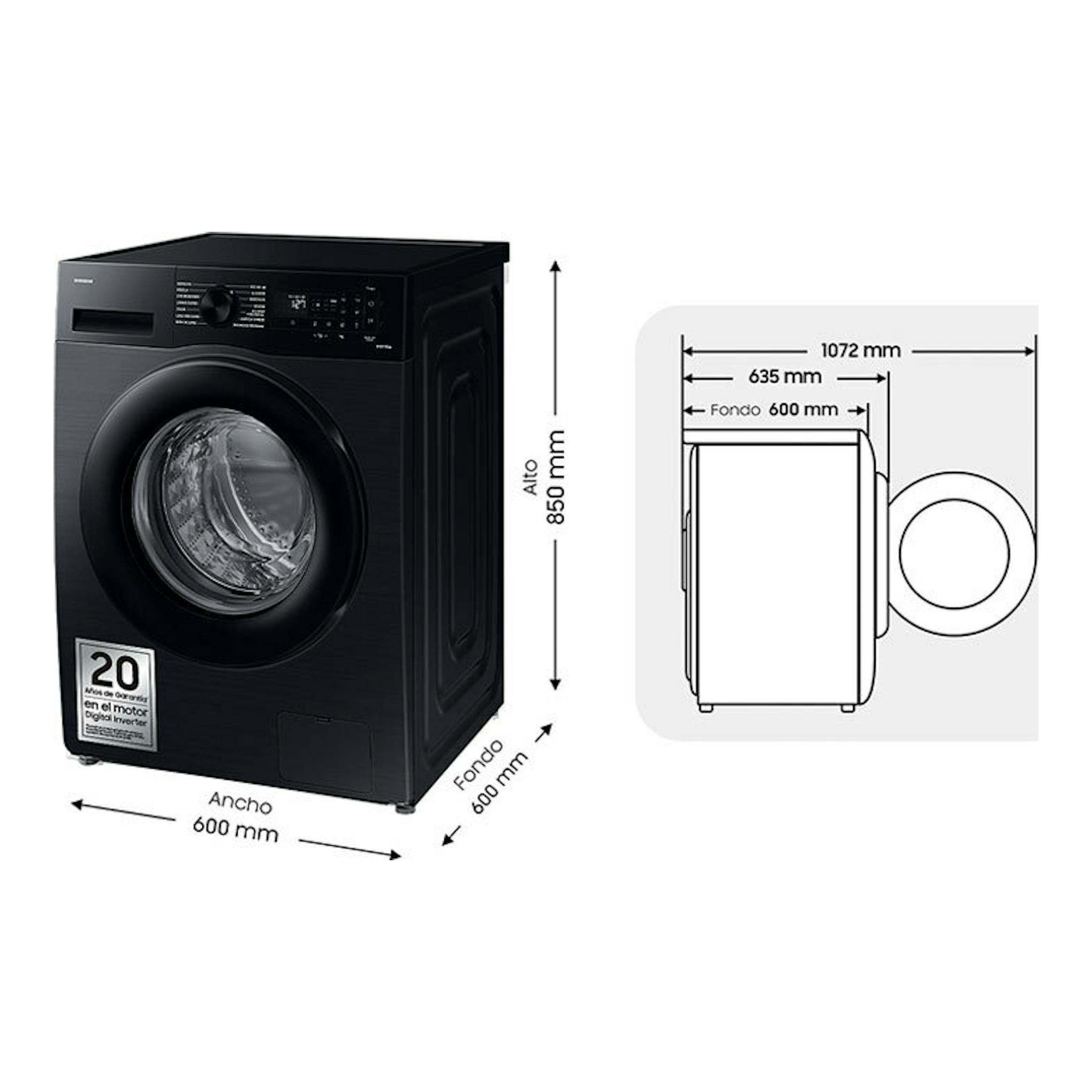 Lavadora Samsung WW80CGC04DABEC negra, vista frontal y lateral, con medidas de 600 x 850 x 600 mm.