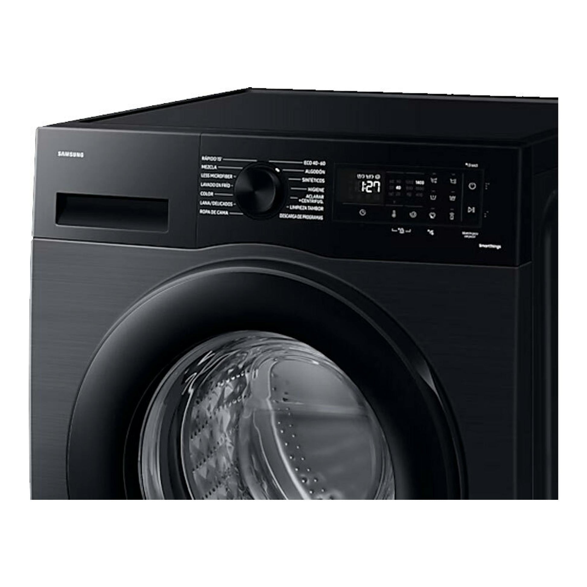 Lavadora Samsung WW80CGC04DABEC negra, vista frontal con puerta circular y panel digital.
