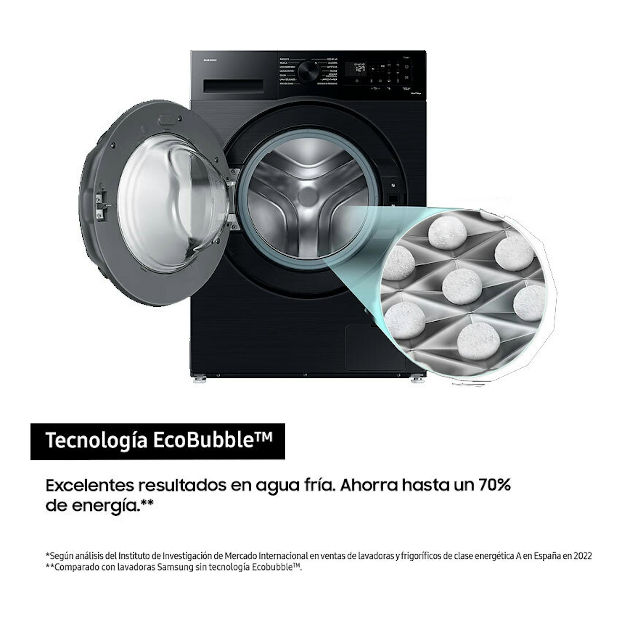 Lavadora Samsung WW80CGC04DABEC negra de carga frontal, con puerta abierta y gráfico EcoBubble.