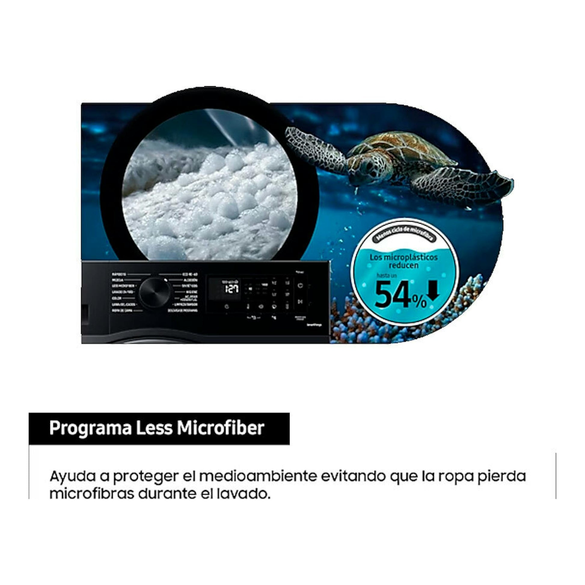 Lavadora Samsung WW80CGC04DABEC negra, vista frontal con panel de control y gráfica del programa Less Microfiber.