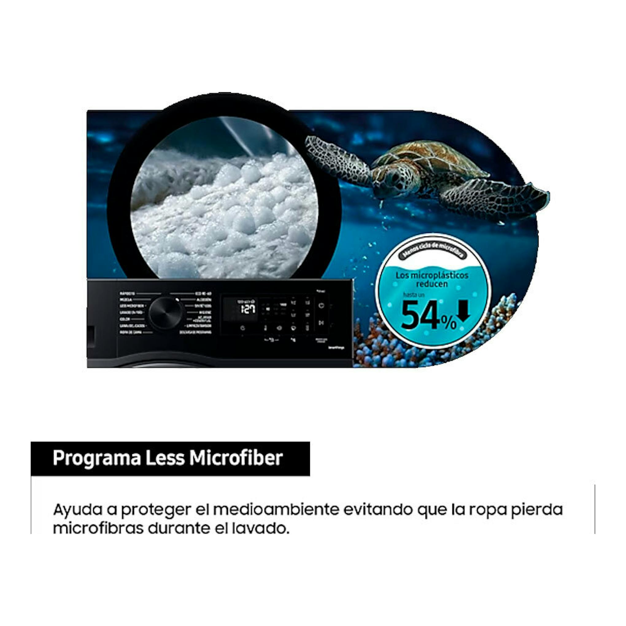 Lavadora Samsung WW80CGC04DABEC negra, vista frontal con panel de control y gráfica del programa Less Microfiber.