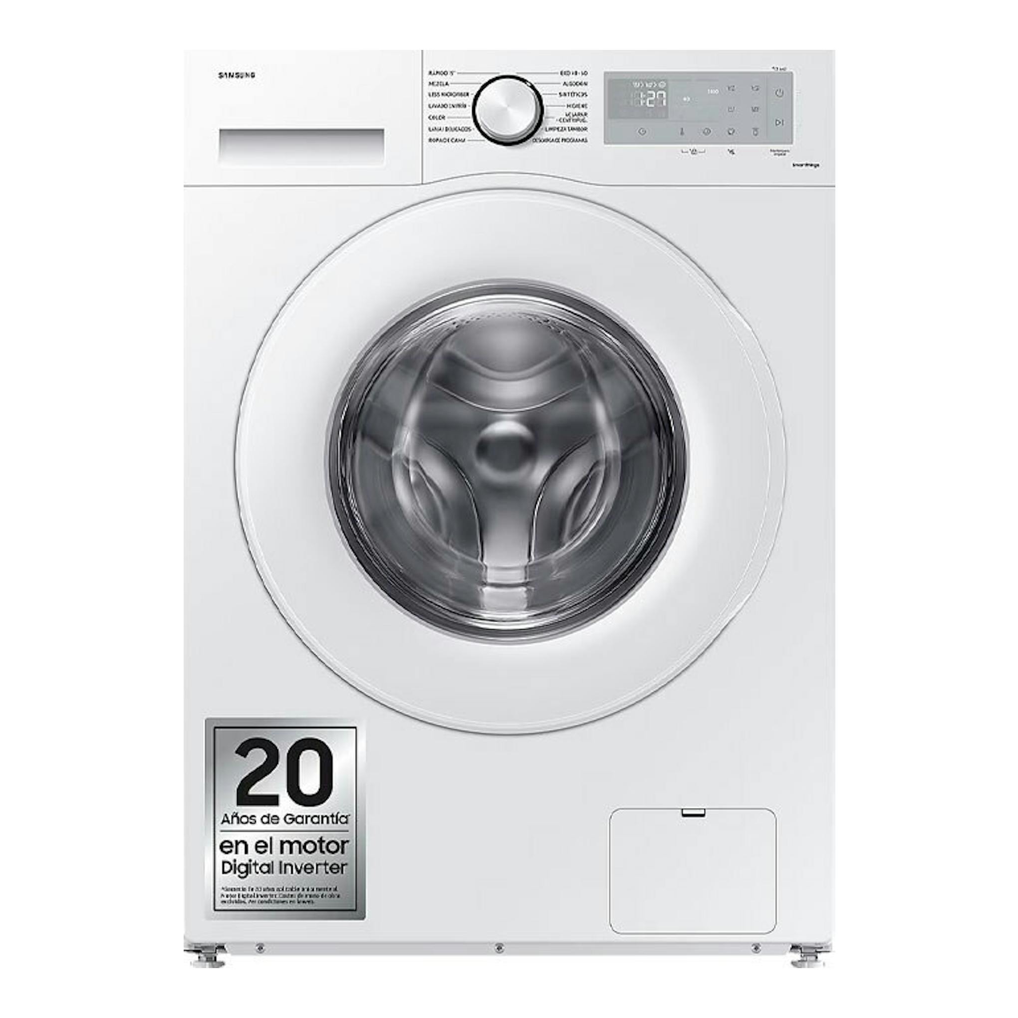 Lavadora Samsung WW80CGC04DTHEC blanca, vista frontal, con puerta circular y panel de control superior.