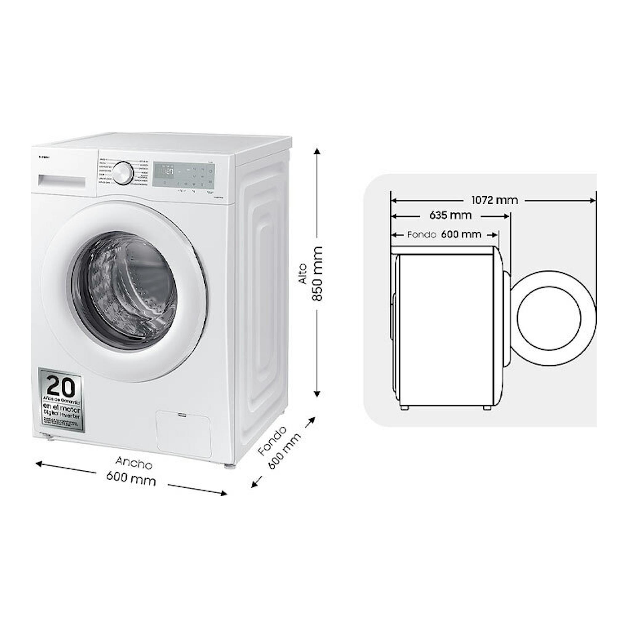 Lavadora Samsung WW80CGC04DTHEC blanca, carga frontal, vista en ángulo, con medidas 600 x 850 x 600 mm.