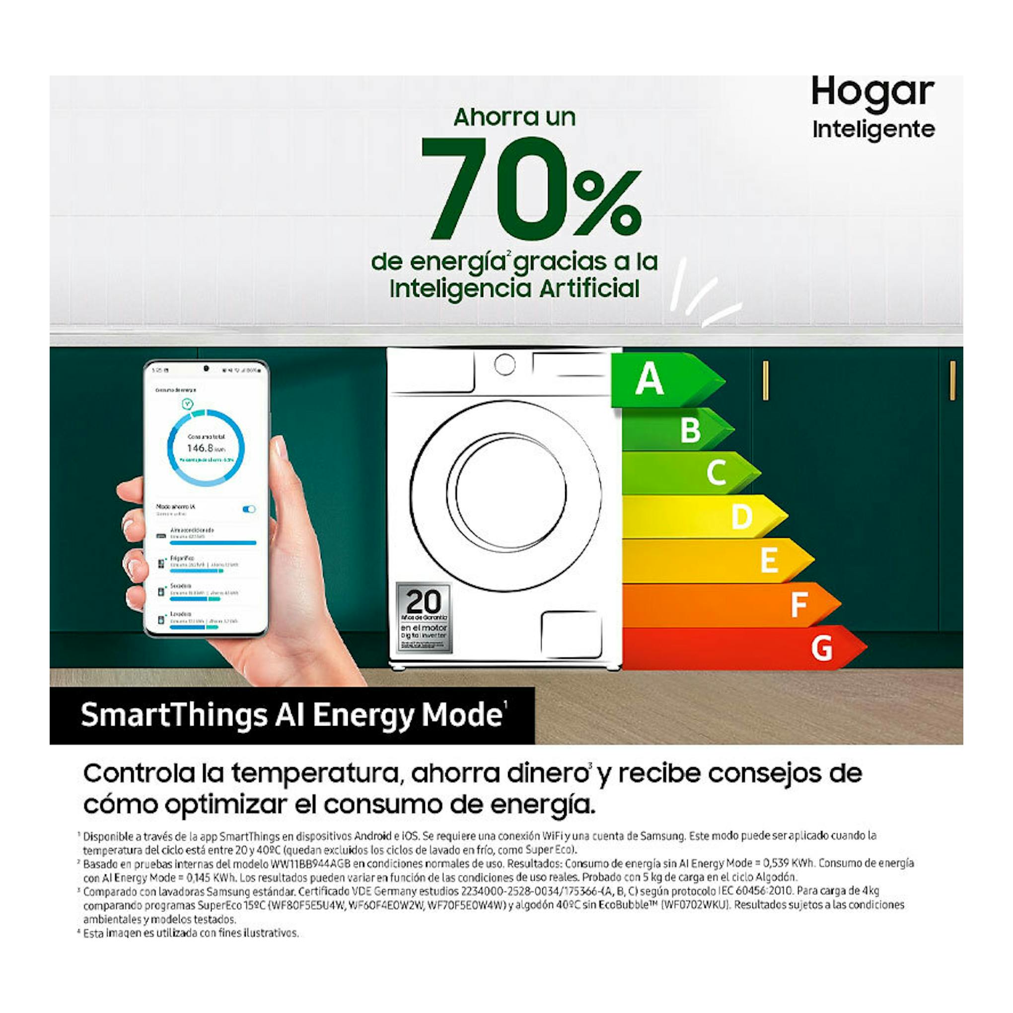 Samsung WW80CGC04DTHEC: lavadora blanca de carga frontal junto a móvil y escala de eficiencia energética.
