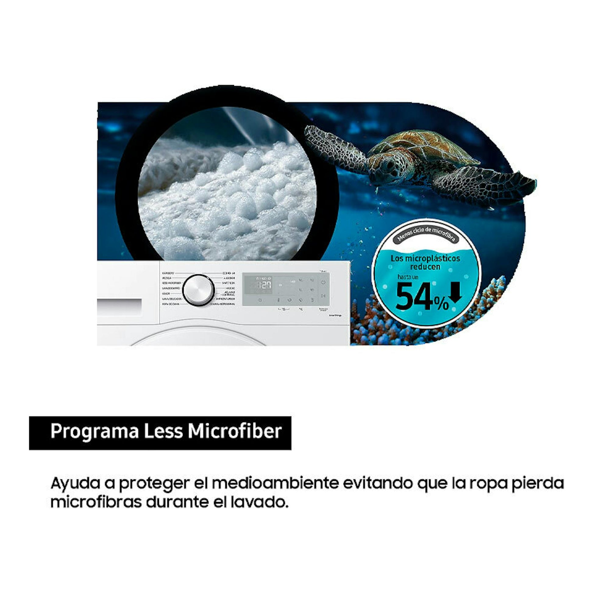 Lavadora Samsung WW80CGC04DTHEC blanca, vista frontal parcial, con panel y gráfico del programa Less Microfiber.
