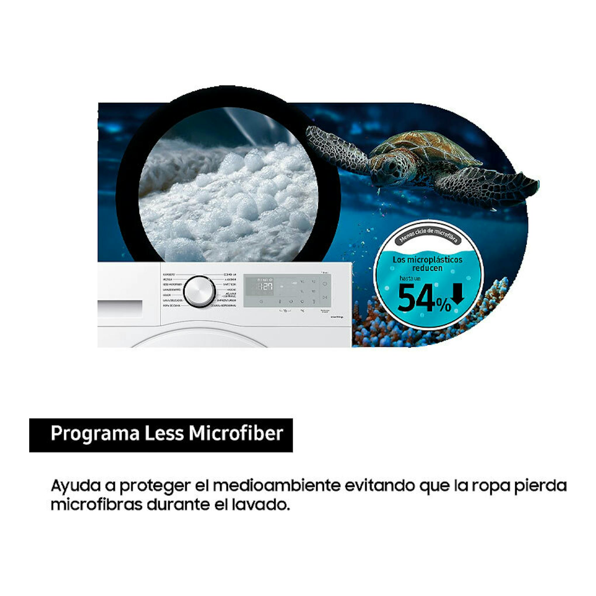 Lavadora Samsung WW80CGC04DTHEC blanca, vista frontal parcial, con panel y gráfico del programa Less Microfiber.