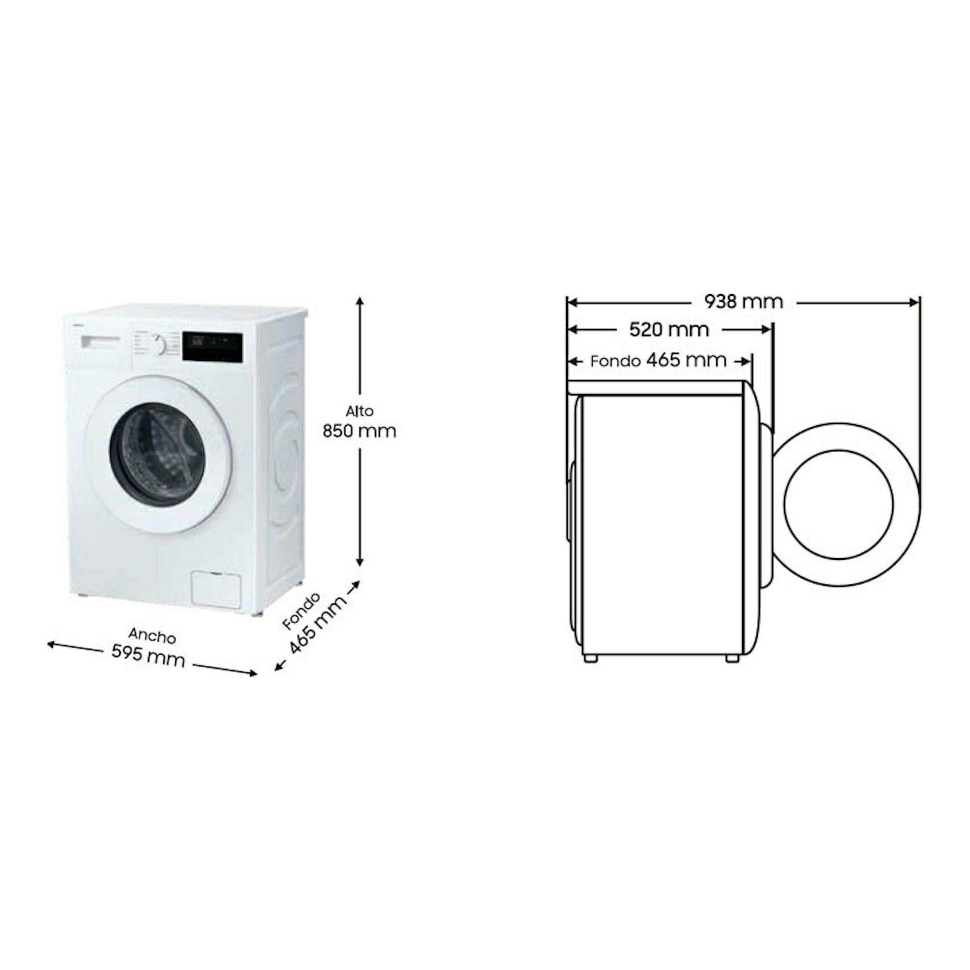 Lavadora Samsung WW80FG3M05TWEC blanca, vista frontal y lateral, con medidas 850x595x465 mm.