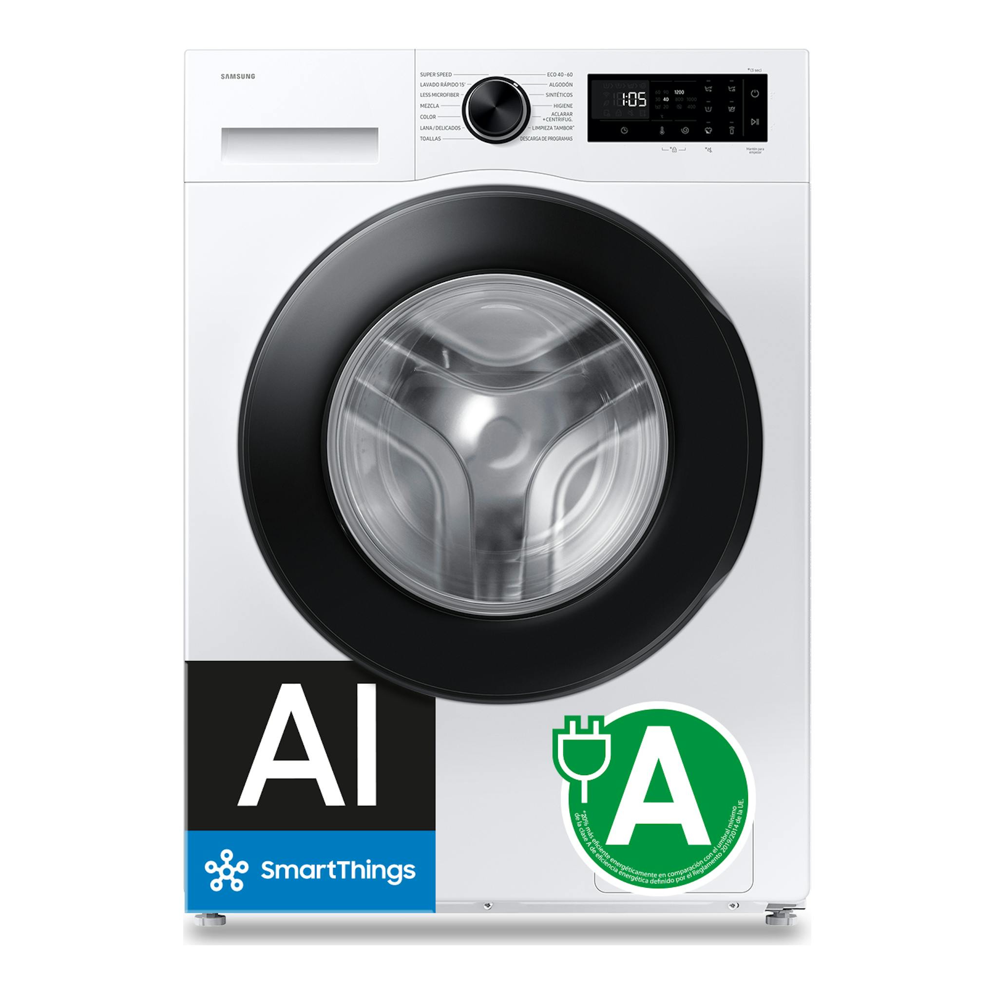 Lavadora Samsung WW80FG5L32AEEC blanca, vista frontal, con puerta negra y panel digital.