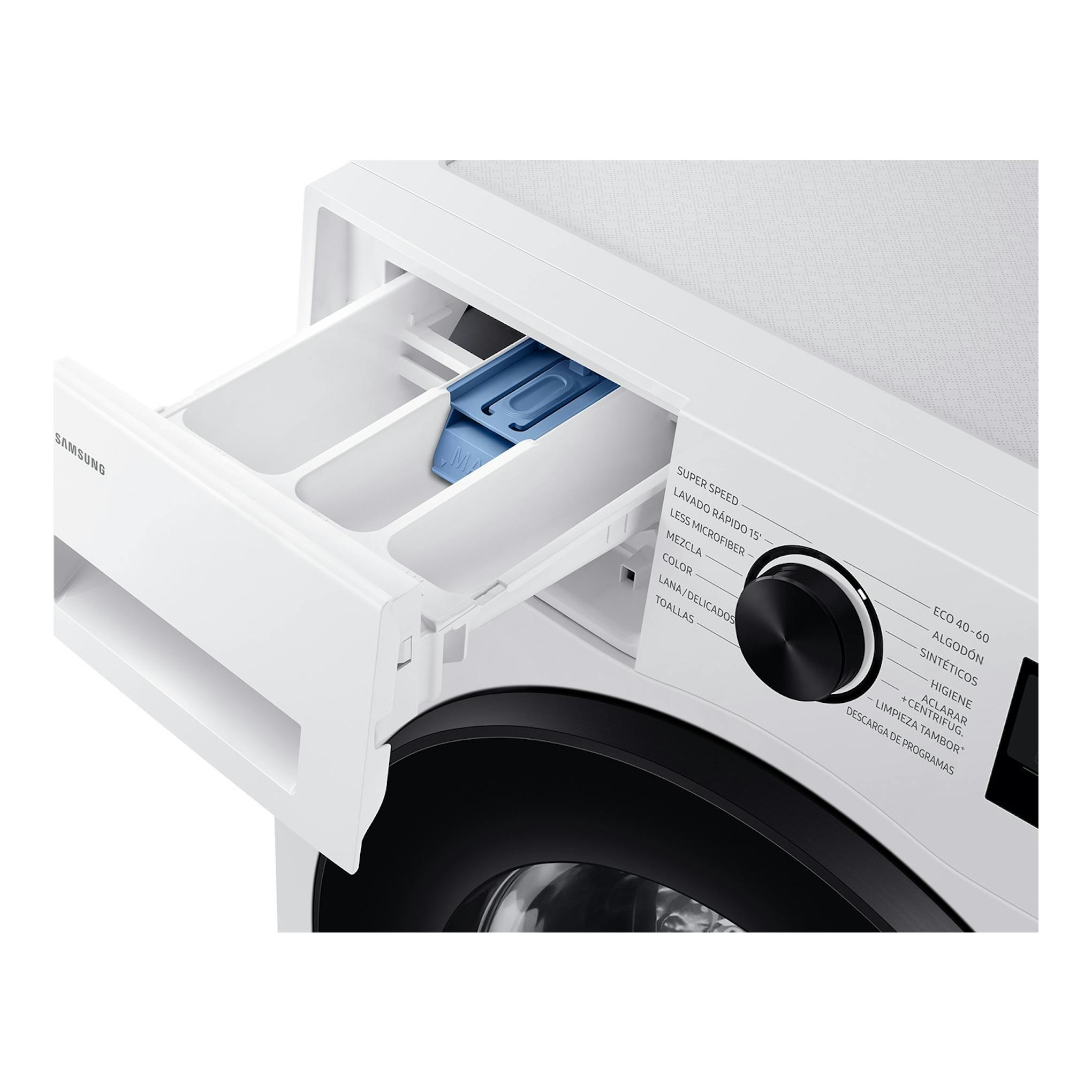 Lavadora Samsung WW80FG5L32AEEC blanca, vista parcial en ángulo, con cajón de detergente y selector negro.