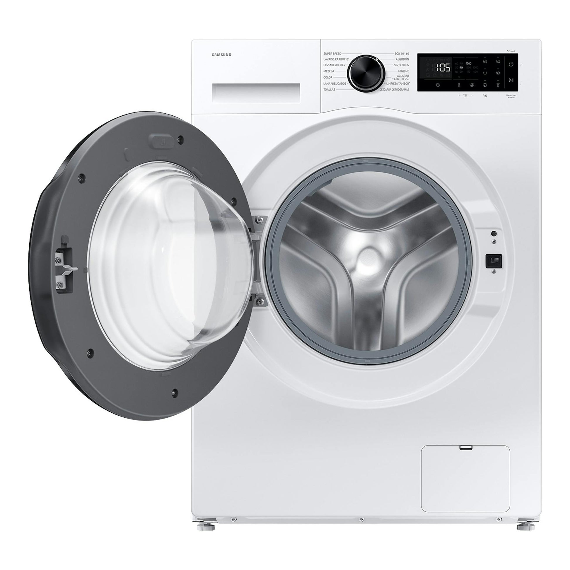 Lavadora Samsung WW80FG5L32AEEC blanca, vista frontal, con puerta abierta y panel de control superior.
