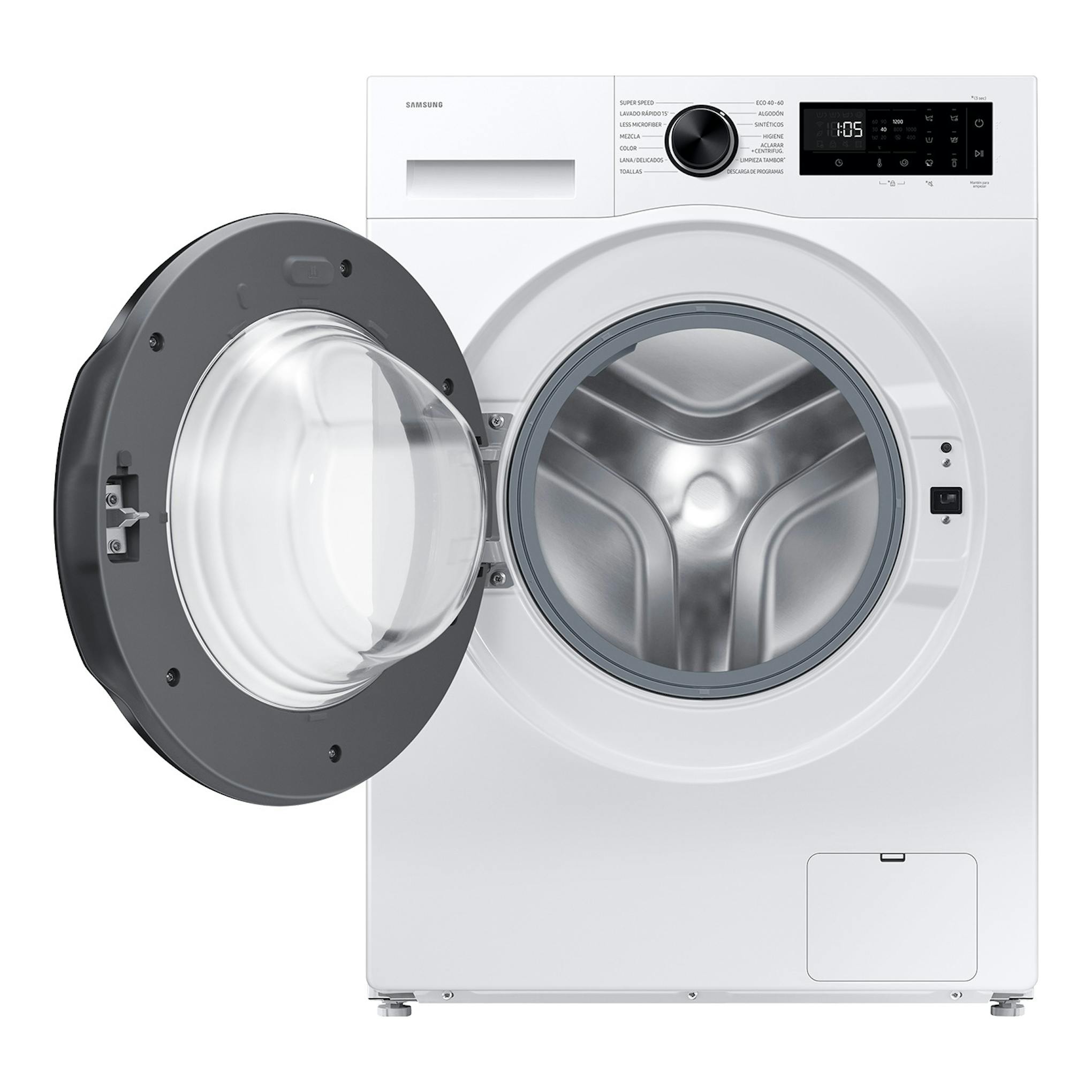 Lavadora Samsung WW80FG5L32AEEC blanca, vista frontal, con puerta abierta y panel de control superior.