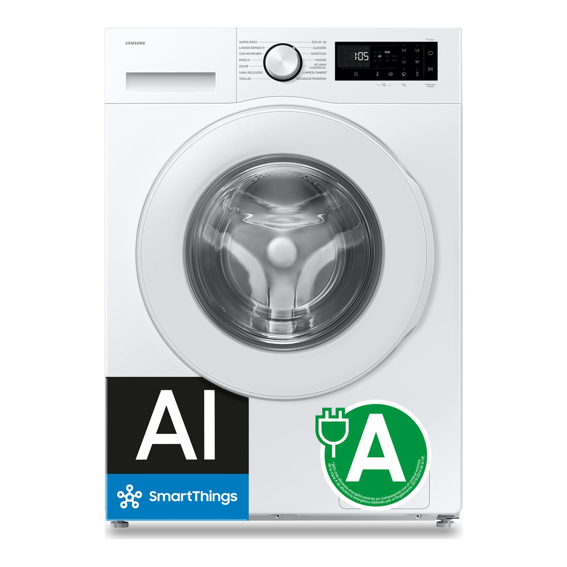 Lavadora Samsung WW80FG5L32TEEC blanca, vista frontal, con puerta circular y panel digital superior.