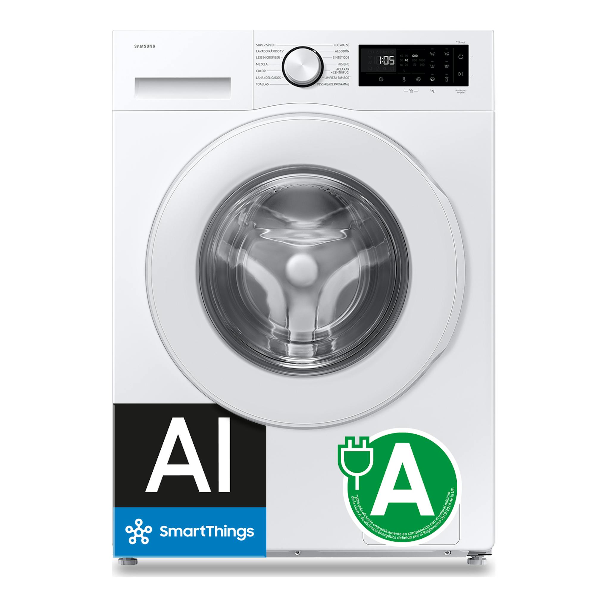 Lavadora Samsung WW80FG5L32TEEC blanca, vista frontal, con puerta circular y panel digital superior.