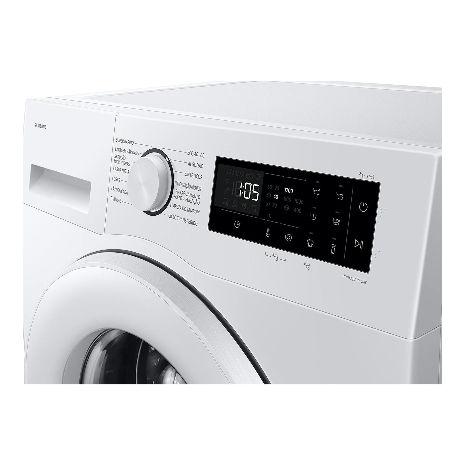 Lavadora Samsung WW80FG5L32TEEC blanca, carga frontal, vista frontal parcial con panel digital negro y selector.