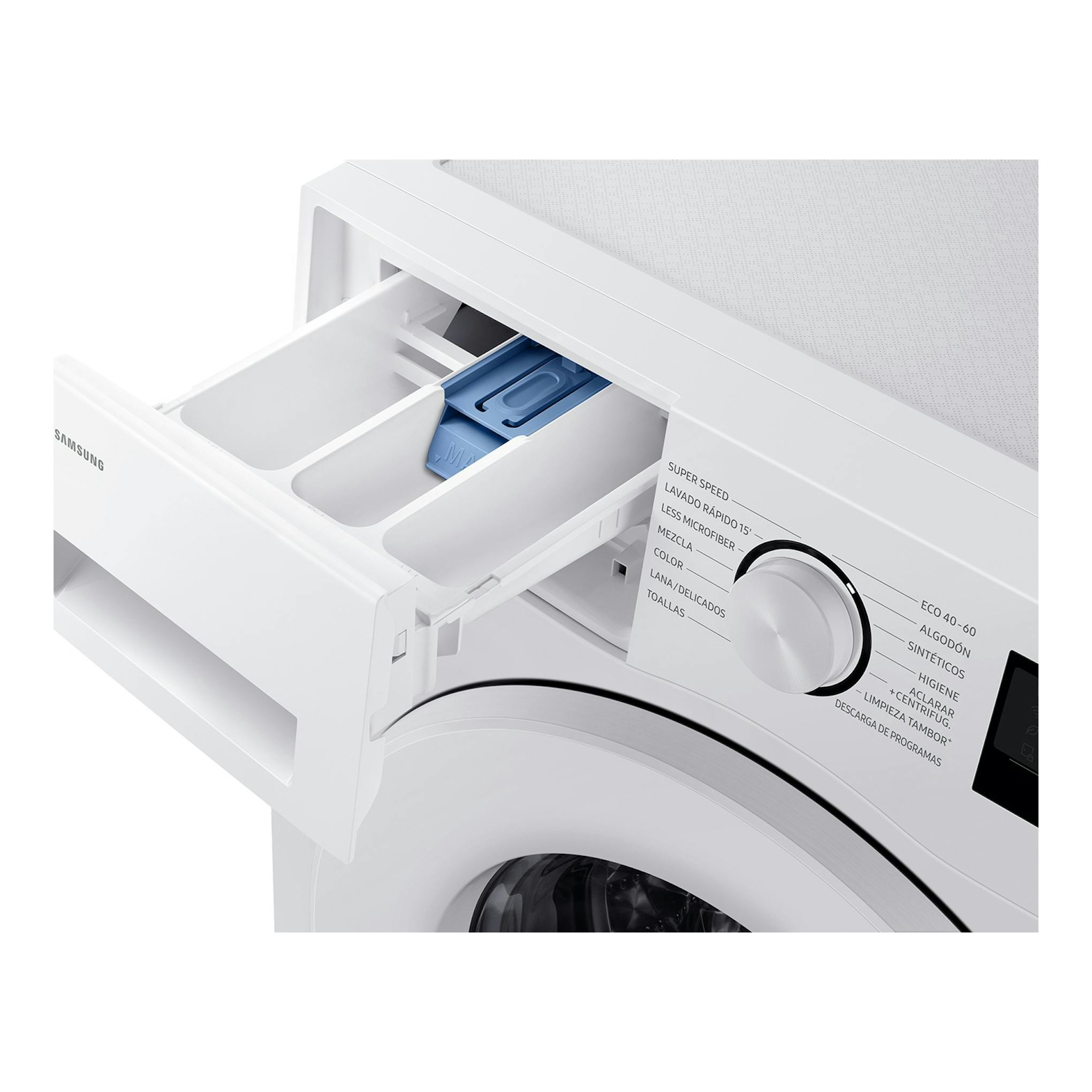 Lavadora Samsung WW80FG5L32TEEC blanca, vista frontal parcial, con cajón del detergente abierto y selector.