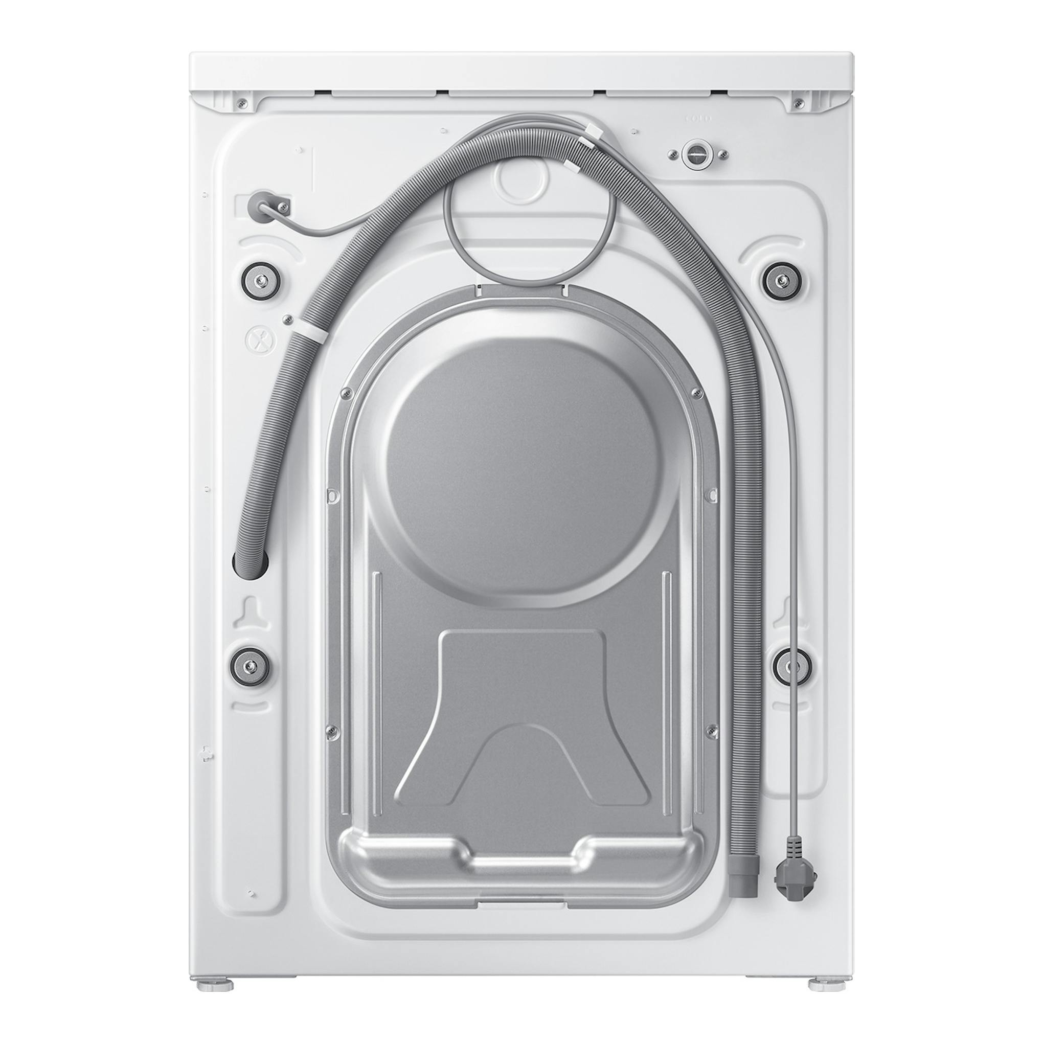 Lavadora Samsung WW80FG5L32TEEC, vista trasera, blanca, con mangueras y panel posterior metálico.
