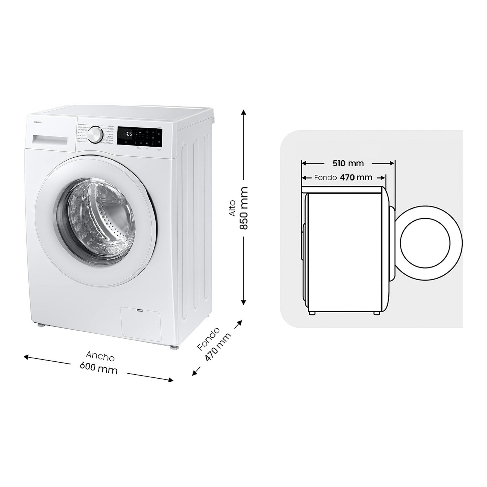 Lavadora Samsung WW80FG5L32TEEC blanca, vista frontal, con puerta circular y medidas 600×850×470 mm.