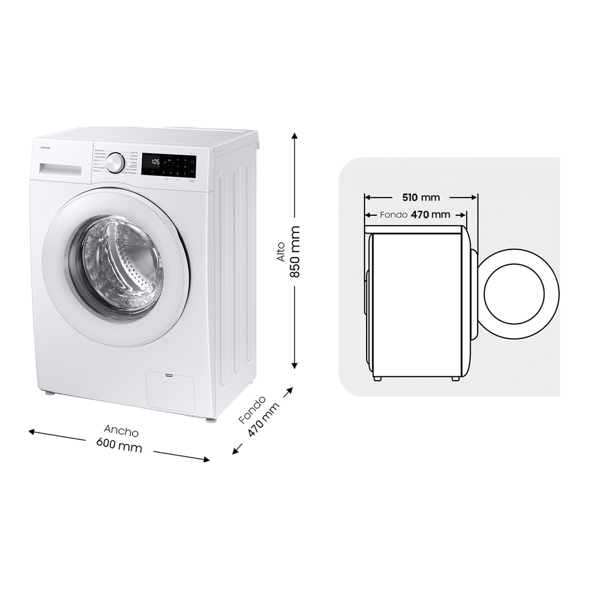 Lavadora Samsung WW80FG5L32TEEC blanca, vista frontal, con puerta circular y medidas 600×850×470 mm.