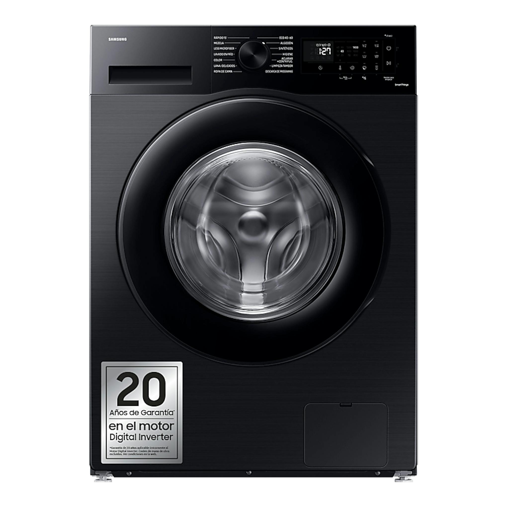 Lavadora Samsung WW90CGC04DABEC negra, vista frontal, con puerta circular y panel de control superior.