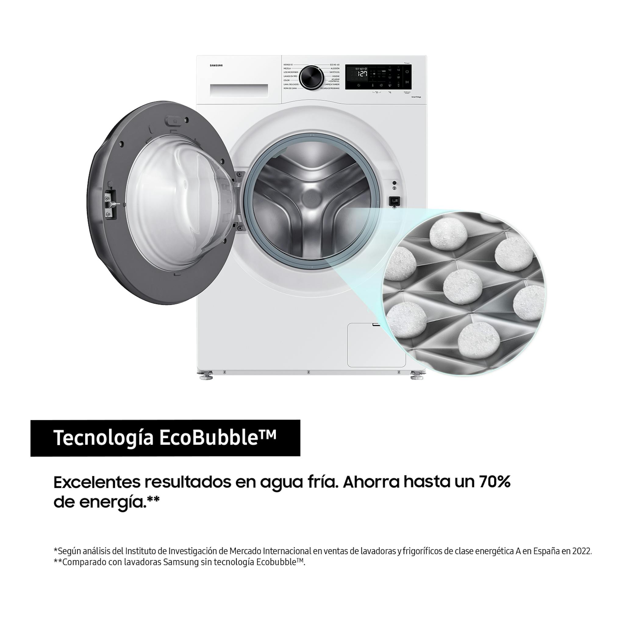 Lavadora Samsung WW80CGC04DAEEC de carga frontal blanca, con puerta abierta y panel digital, vista frontal.