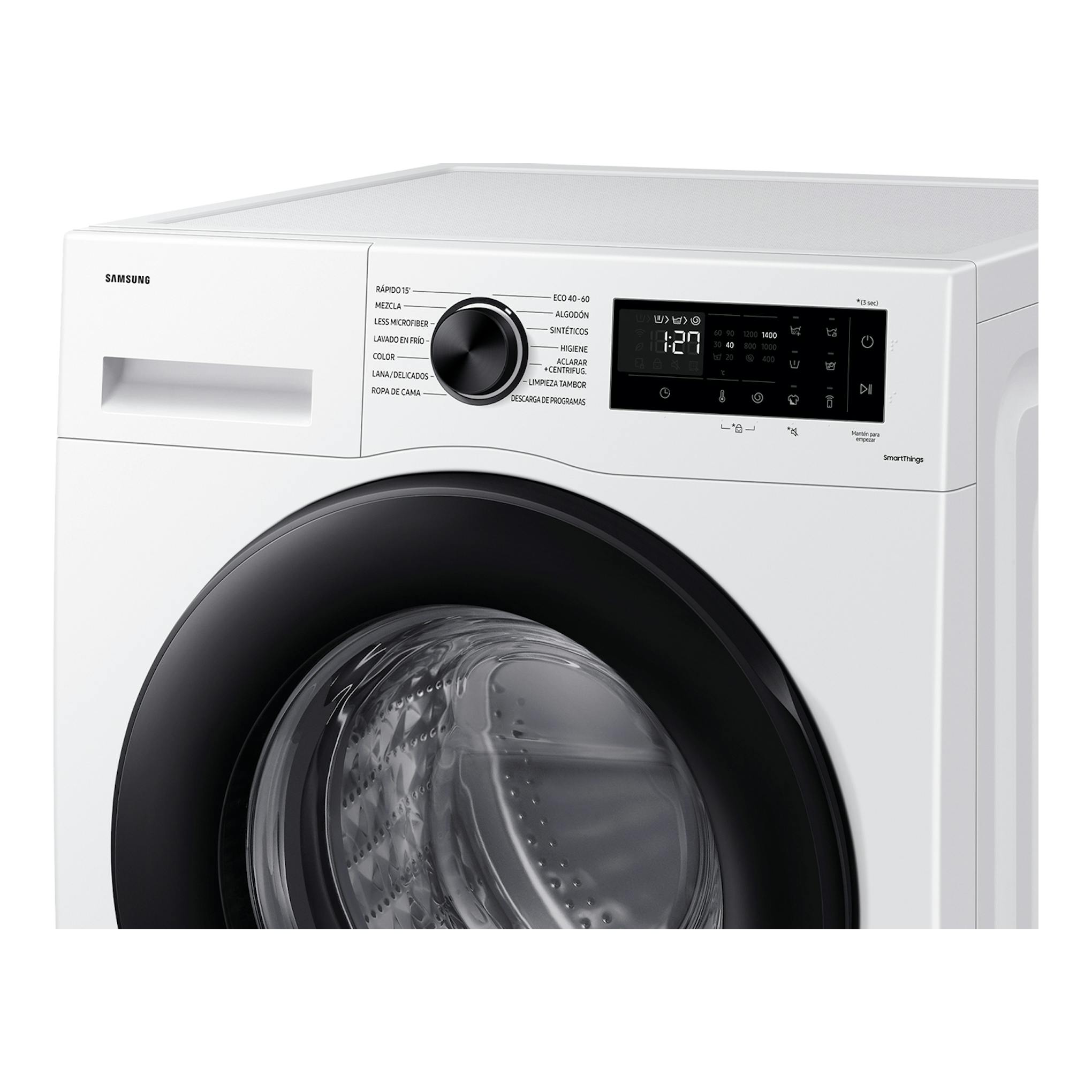 Lavadora Samsung WW90CGC04DAEEC blanca, vista frontal parcial, con puerta negra y panel digital.